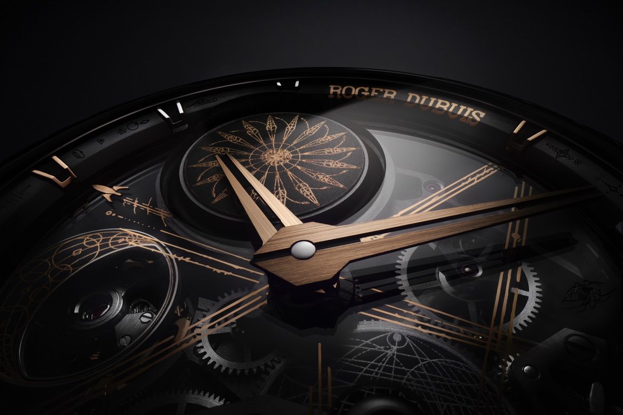 The dial showcases a subtle gothic artistry of cosmic elements: the Sun, Moon, and Earth