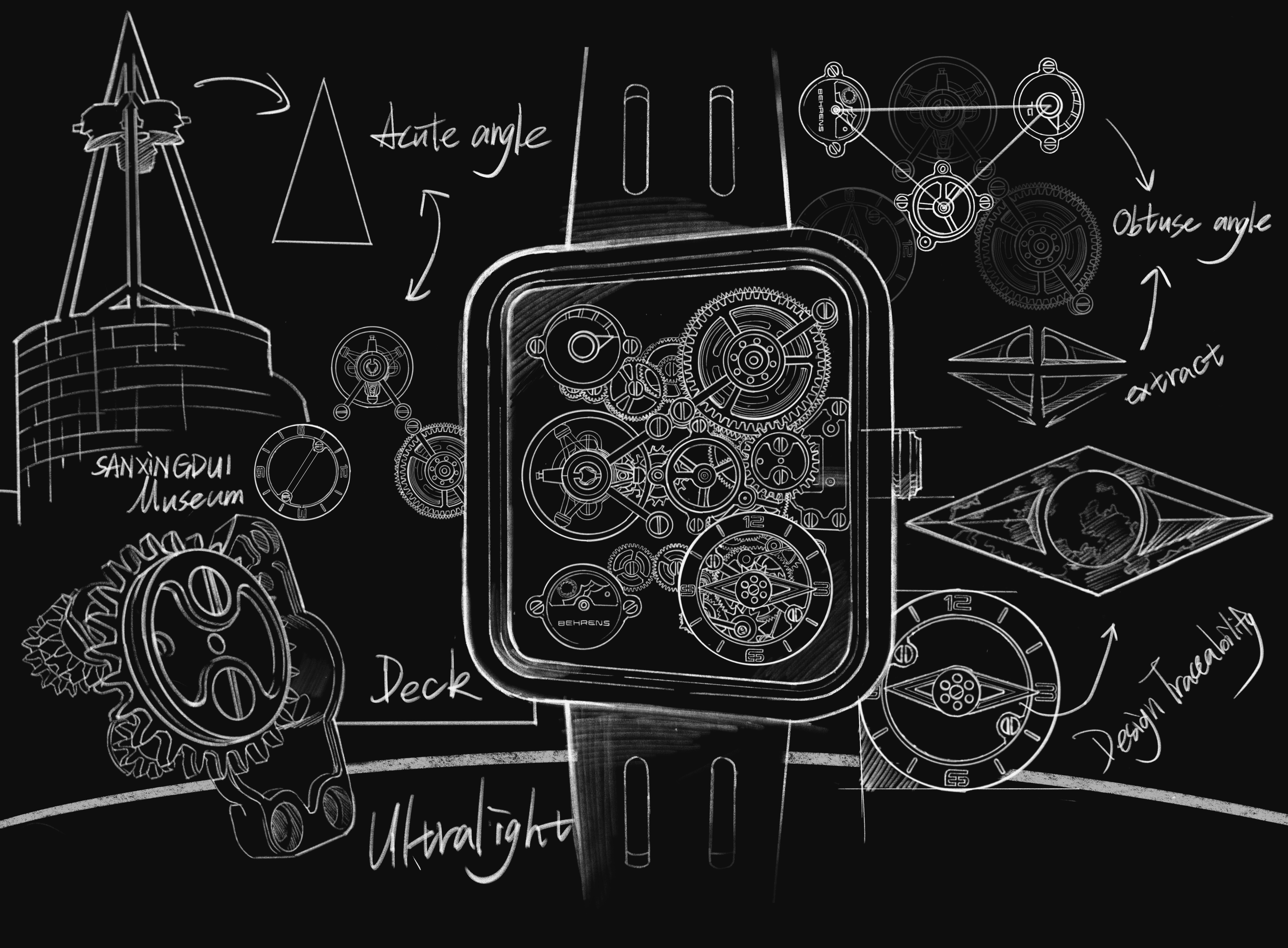 BEHRENS Pupil Ultralight watch concept sketch showing mechanical layout and gear architecture inspired by ancient Chinese design