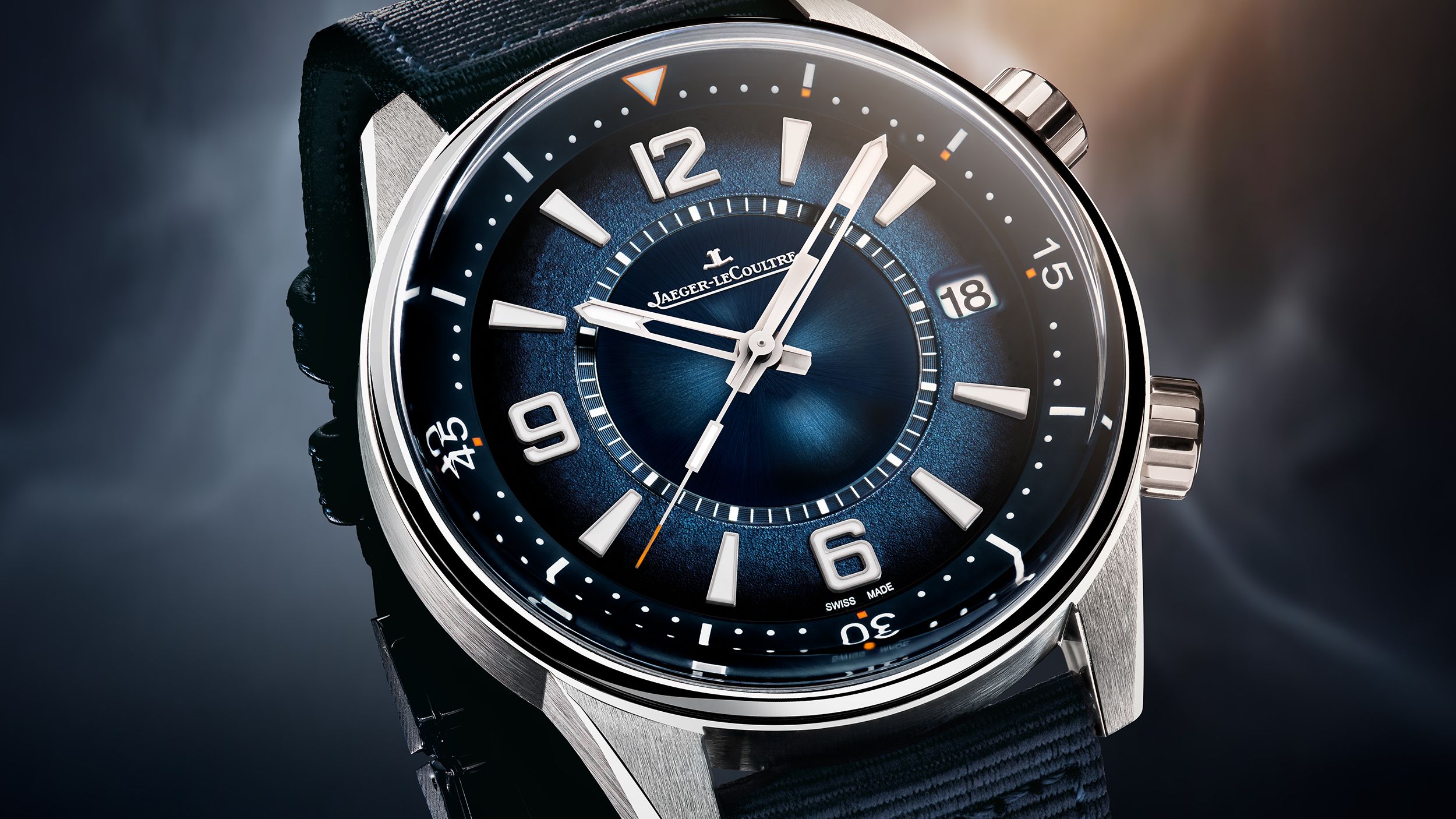 Jaeger-LeCoultre Polaris Date luxury sports watch with blue dial and fabric strap combining elegance, versatility, and everyday wearability
