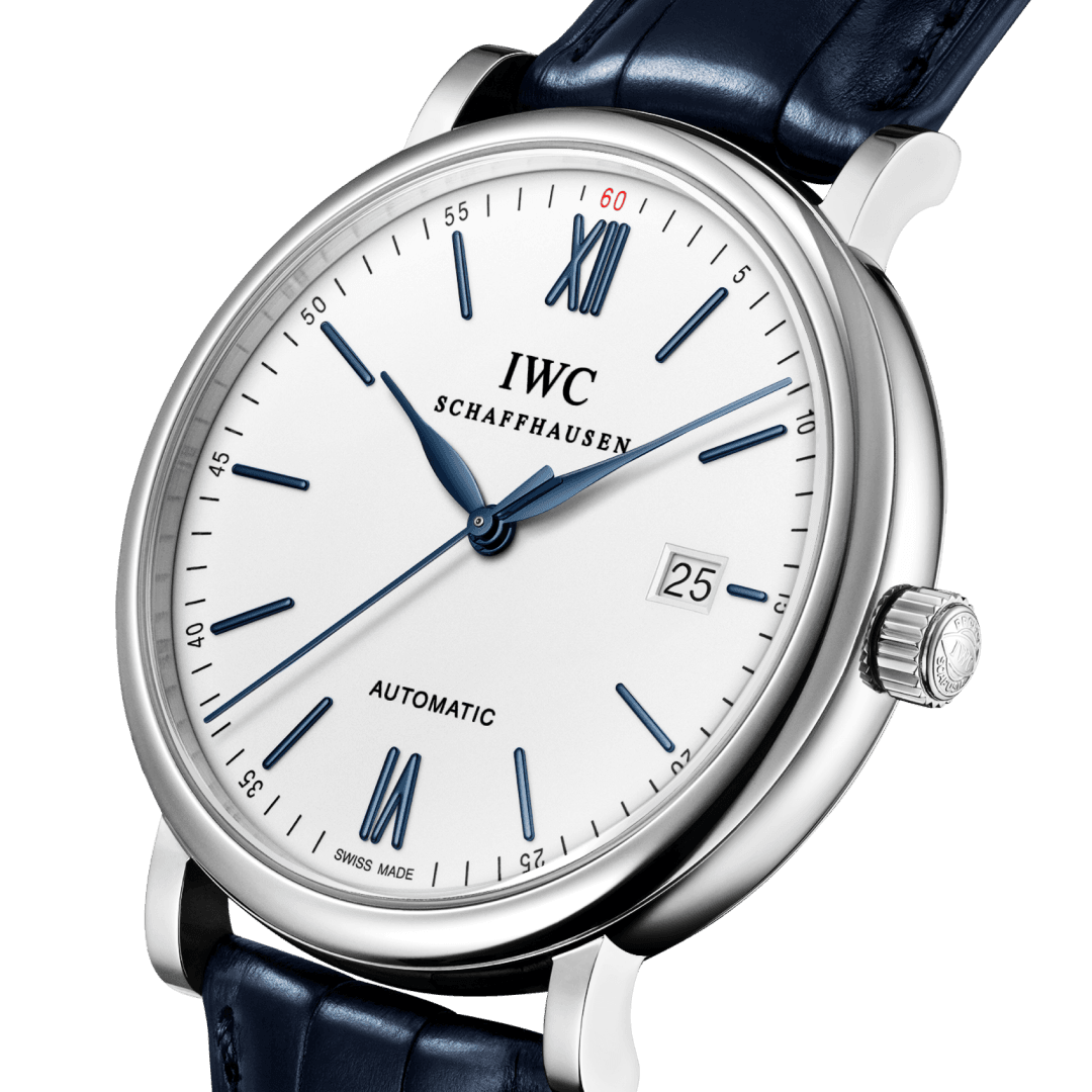 The IWC Portofino Automatic watches in stainless steel exudes extraordinary charm with its blue hands, silver-plated dial, and a stylish blue alligator leather strap.