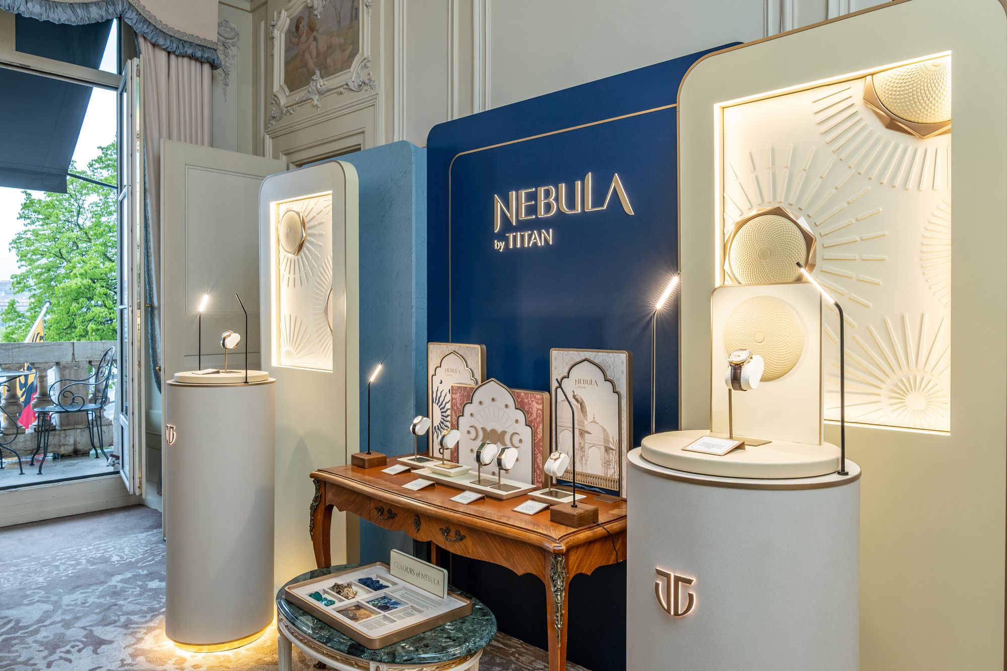 Titan Nebula luxury watch display inside Geneva suite showcasing premium Indian craftsmanship