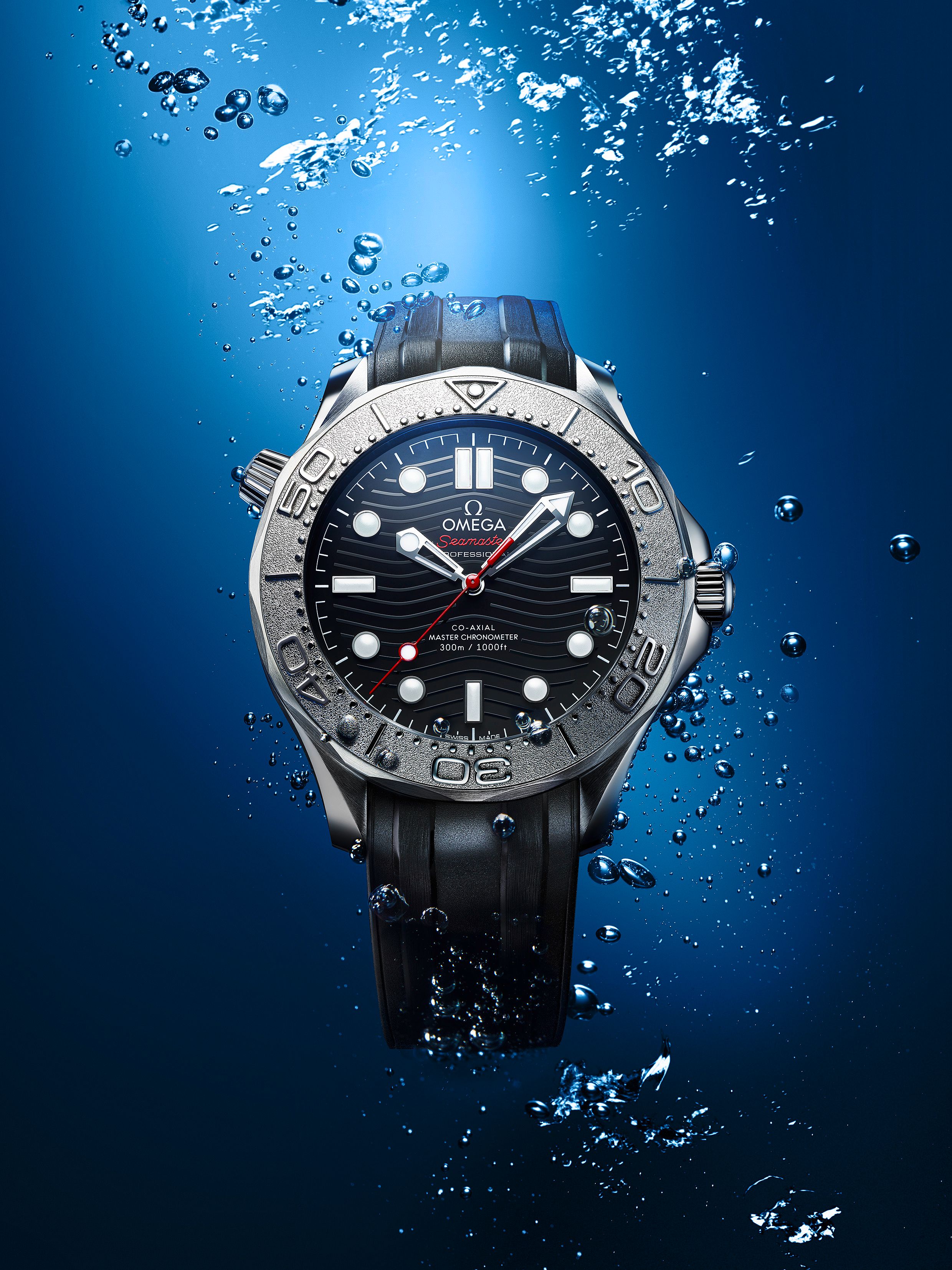 Omega Seamaster professional dive watch underwater emphasizing the risks of operating the crown or pushers while the watch is wet