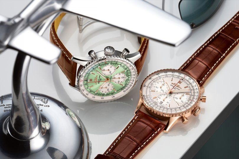 Breitling Navitimer B01 Chronograph 41_Ref. AB0139211L1P1 (mint -green dial and gold-brown alligator leather strap) & RB0139211G1P1 (in 18 k red gold with a silver-colored dial and brown alligator leather strap