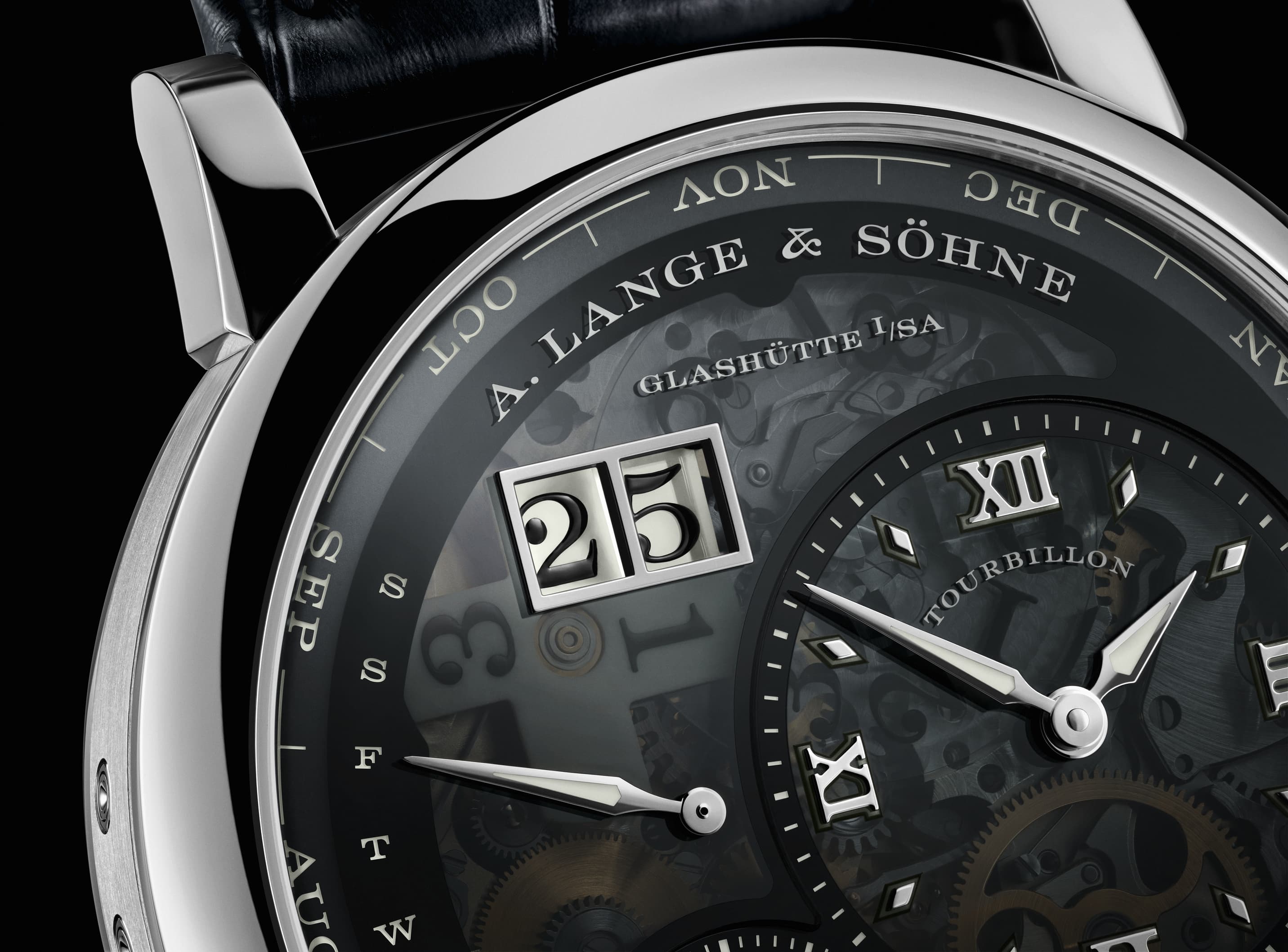 A. Lange & Söhne Lange 1 Tourbillon Perpetual Calendar Lumen with semi-transparent skeletonized dial and platinum case
