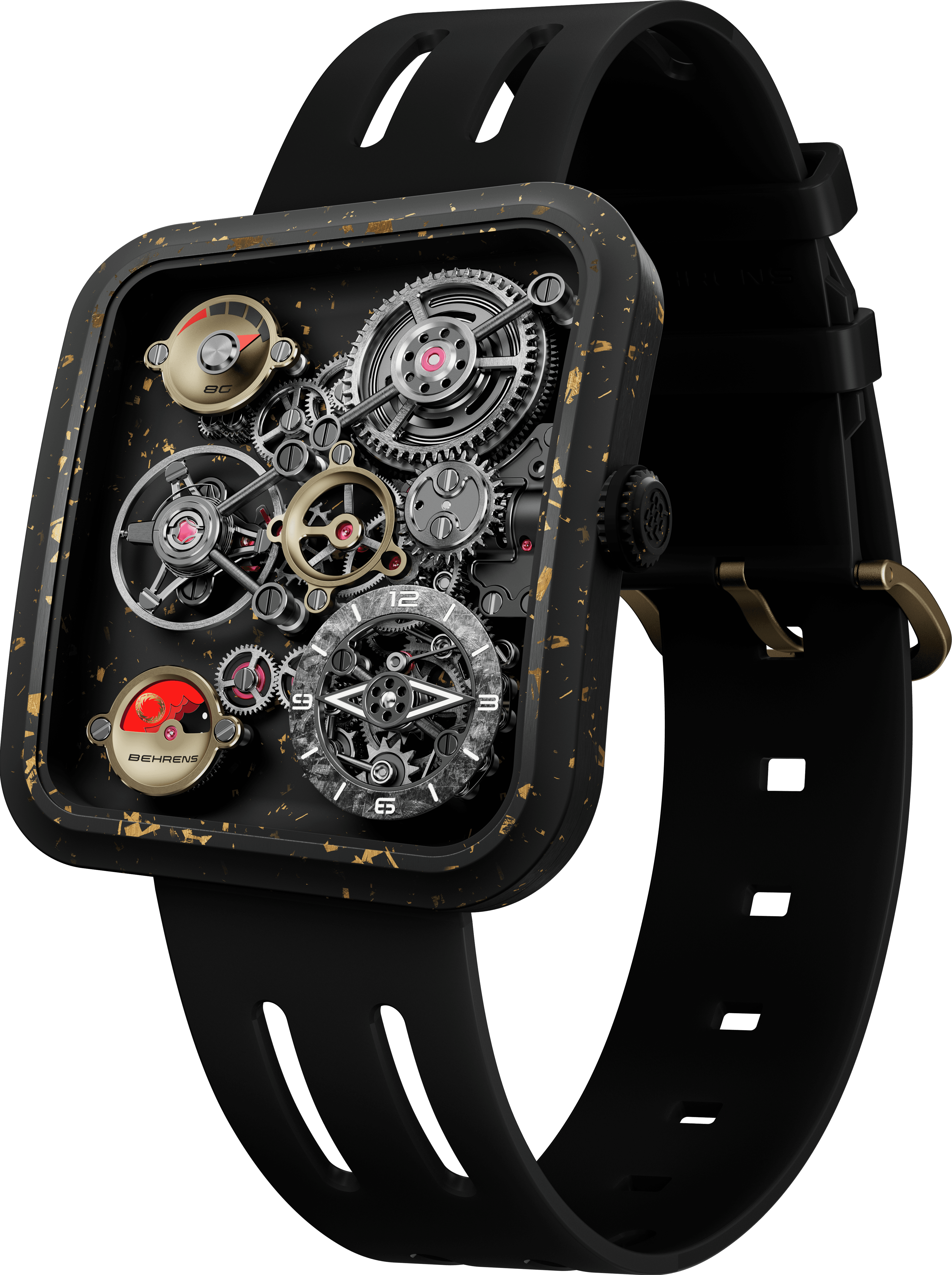 BEHRENS Pupil Ultralight square case watch with skeletonized dial and black strap showcasing futuristic mechanical design