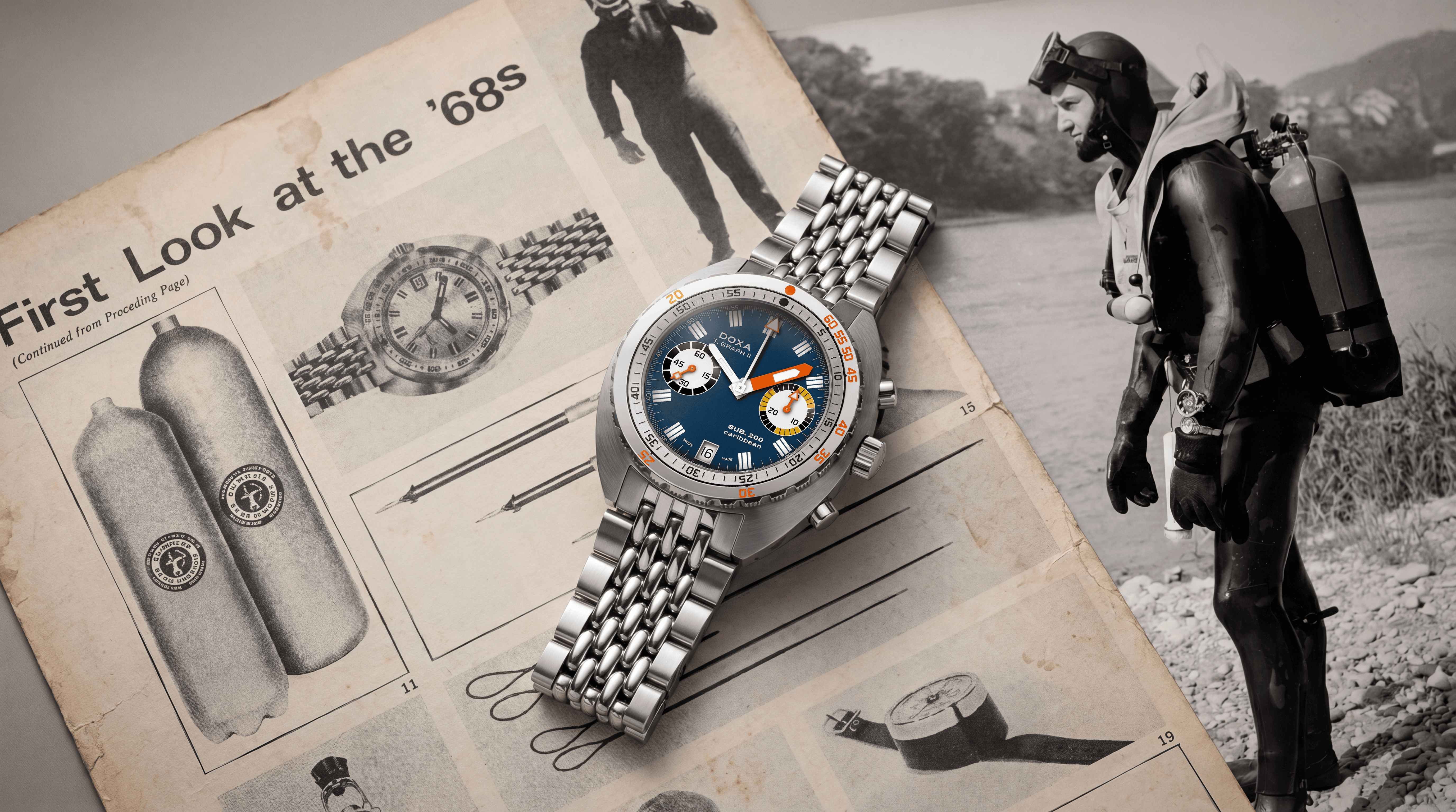 DOXA SUB 200 T.GRAPH II Caribbean Blue dive chronograph featuring a Sellita SW510 automatic movement and iconic beads-of-rice bracelet.