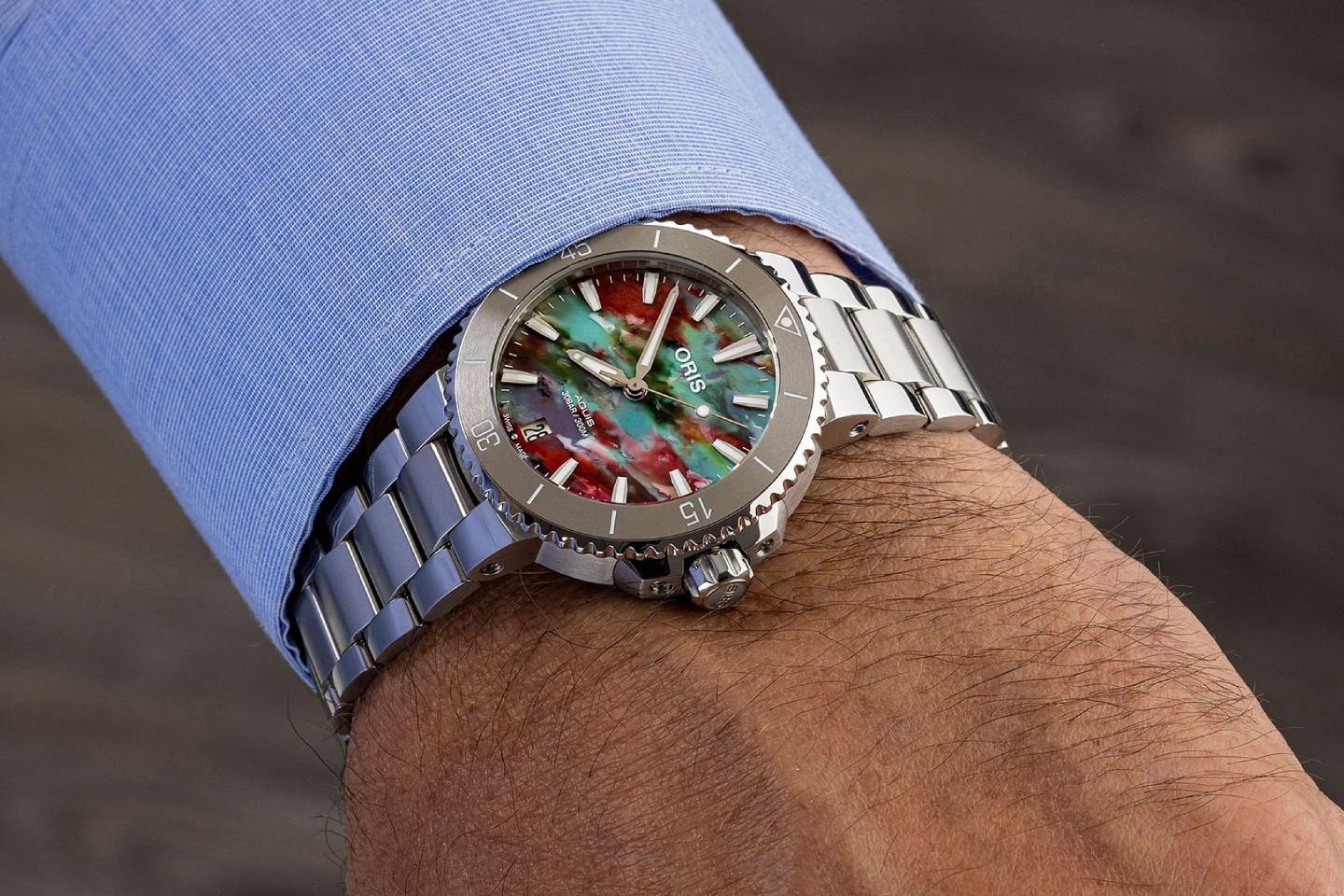 The dial of the Oris Aquis Date Upcycle is made from recycled PET bottles.