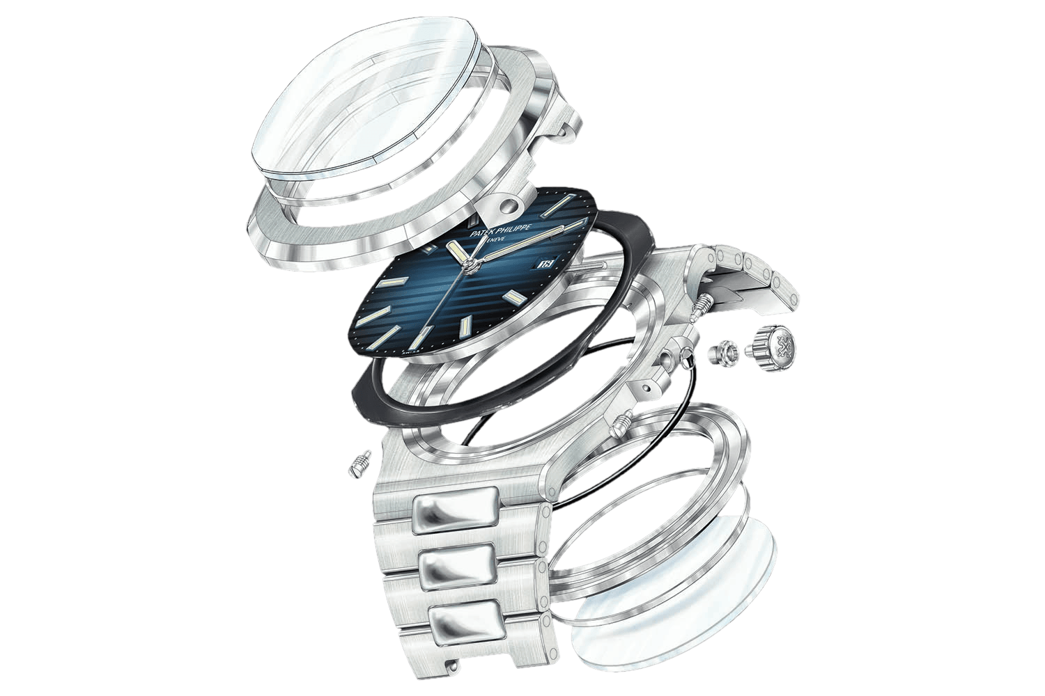 An exploded view of the case of the Patek Philippe Nautilus 5711-1A, showing the more traditional 3-part construction..png