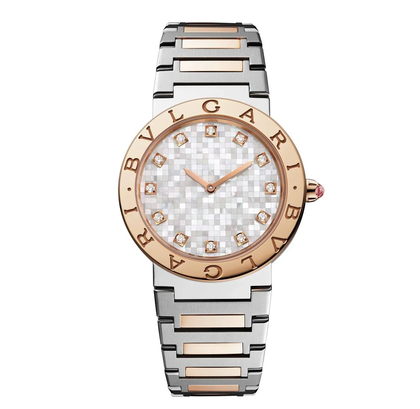 The watch features a mosaic dial made of mother-of-pearl
