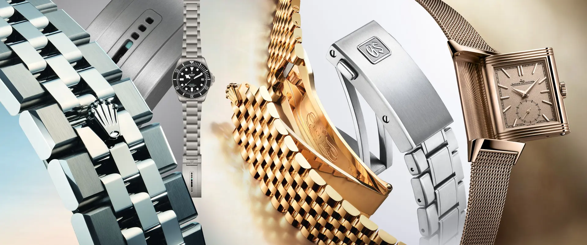 Close up of luxury metal watch bracelets with different link designs and clasps highlighting innovation at Watches And Wonders