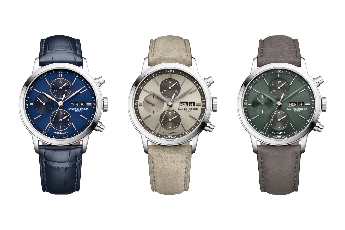 Baume & Mercier Classima timepieces launched at Watches and Wonders 2024 in satin-finished lacquered blue dial, sun-satin sand-colored dial and sun-satin green dial colors