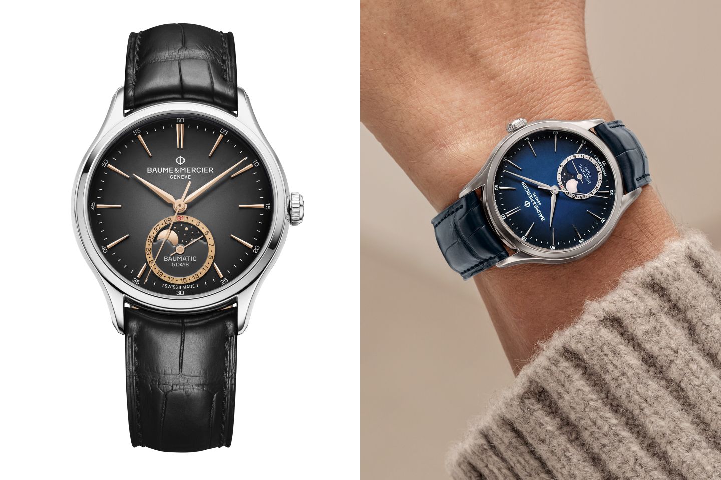 Baume & Mercier Clifton moon phase timepieces with graduated gray lacquer and gradated blue lacquer dials