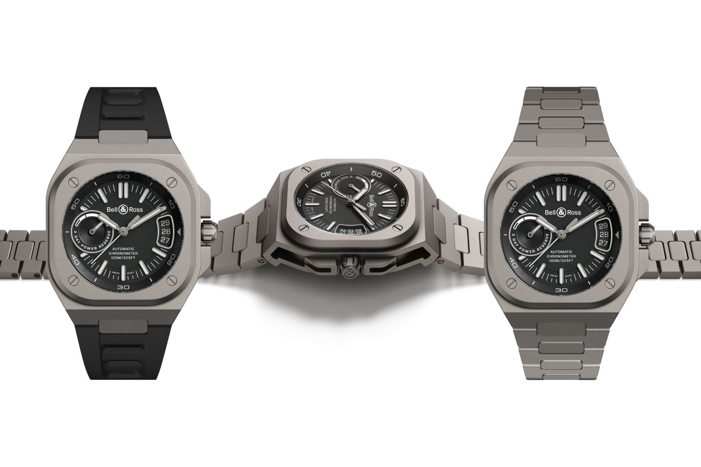 The Bell & Ross BR-X5 Black Titanium is a 41mm case sized timepiece available in rubber and titanium bracelet variants