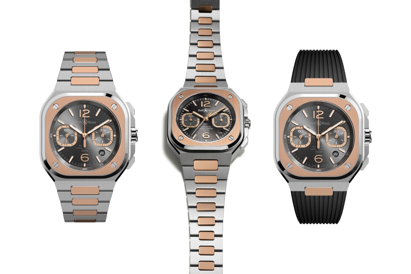 Bell & Ross BR 05 Chrono is available in a bi-material aesthetic of gray steel and rose gold