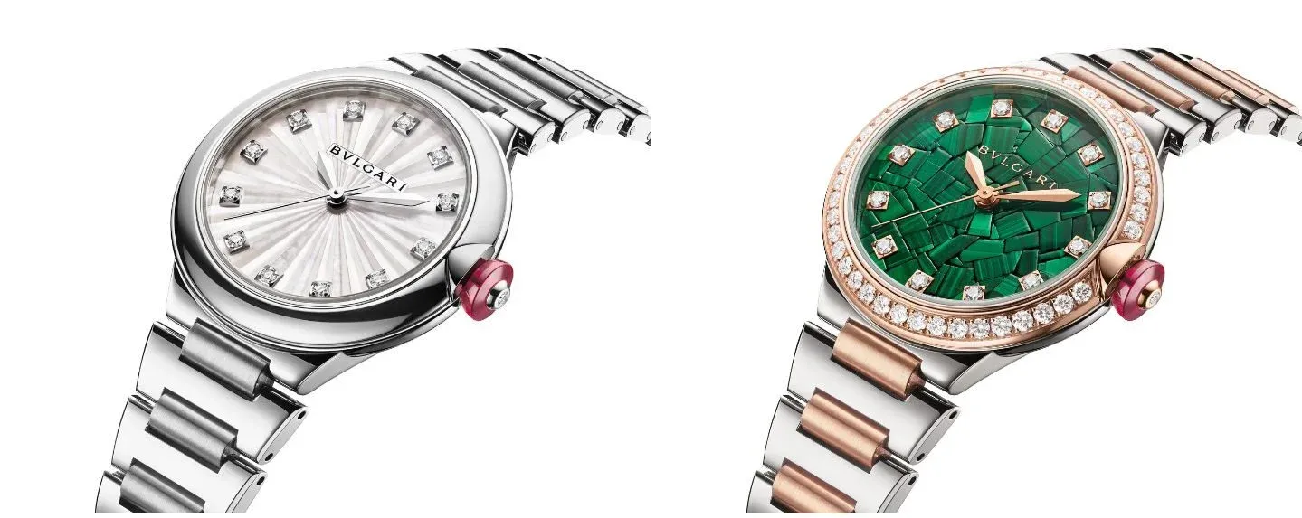 Bulgari explores the techniques of mother-of-pearl Intarsio and malachite in the new Lucea timepieces