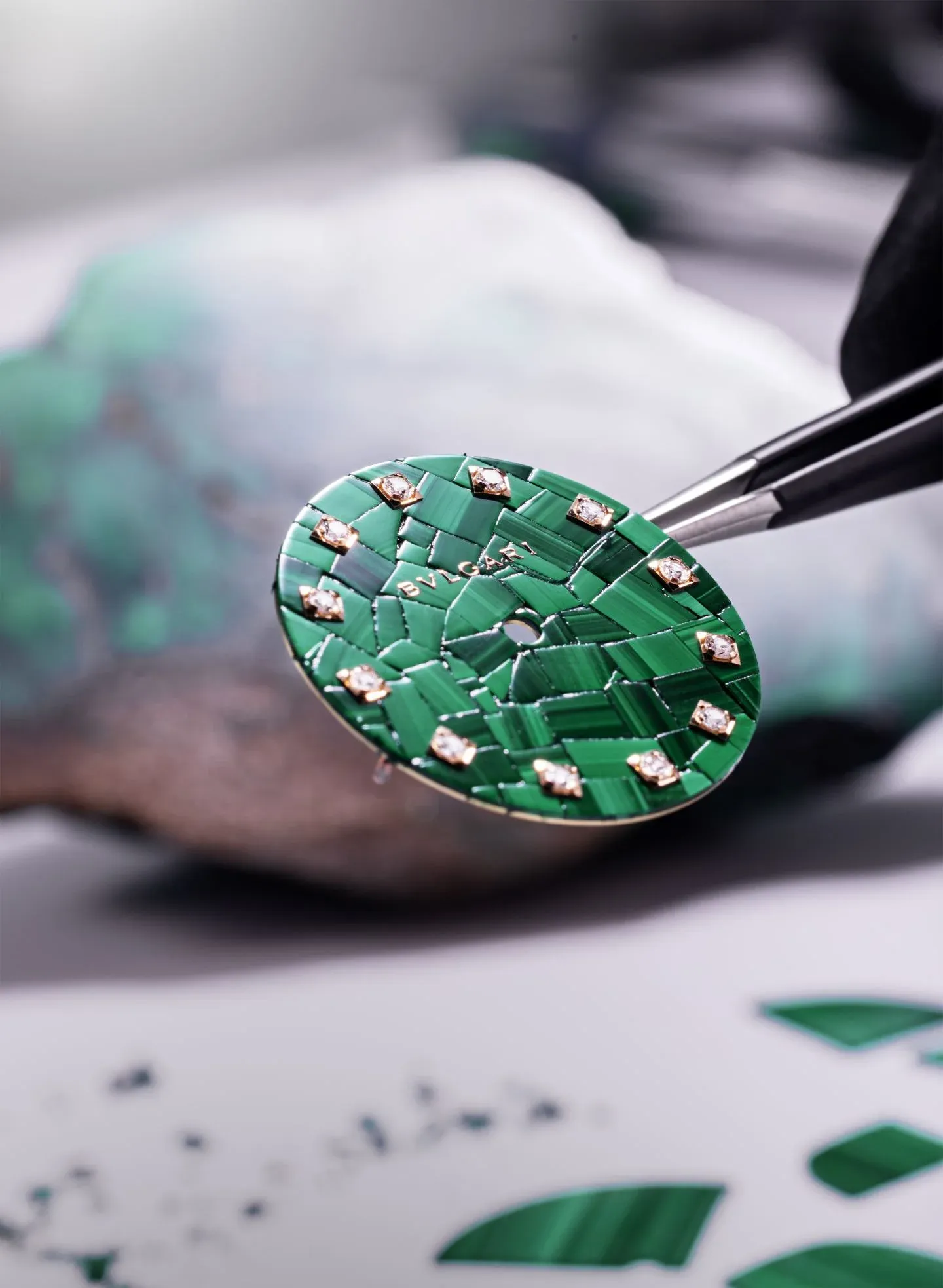 Crafting the malachite green dial is an intensely laborious process