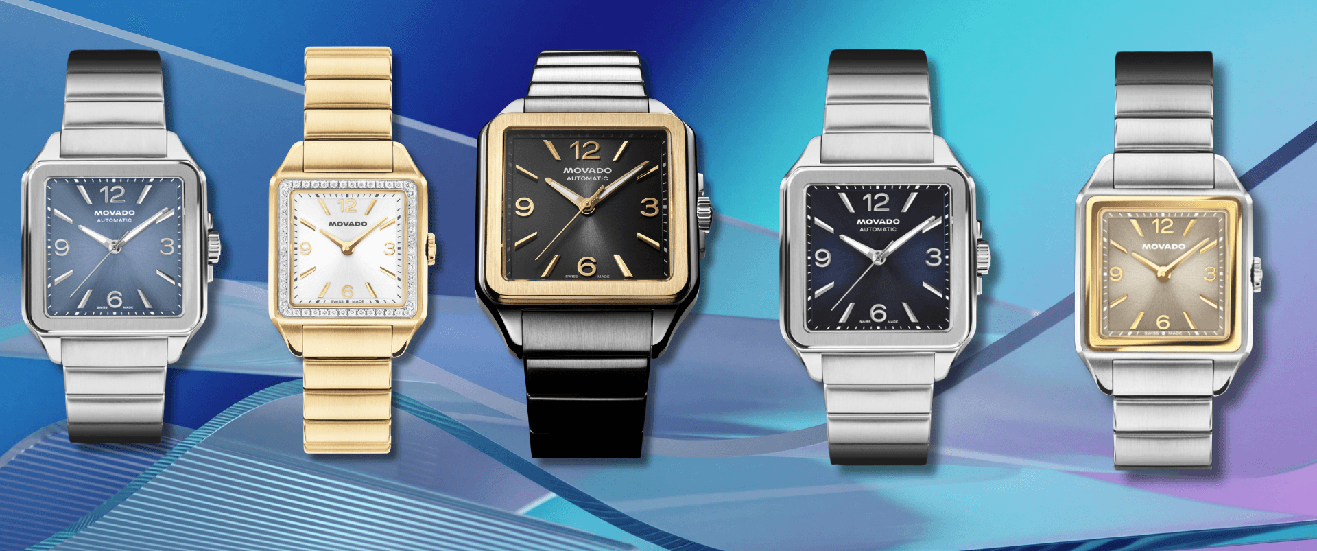 Movado Heritage 1917 Collection showcasing Art Deco-inspired square Swiss watches celebrating 145 years of Movado watchmaking heritage