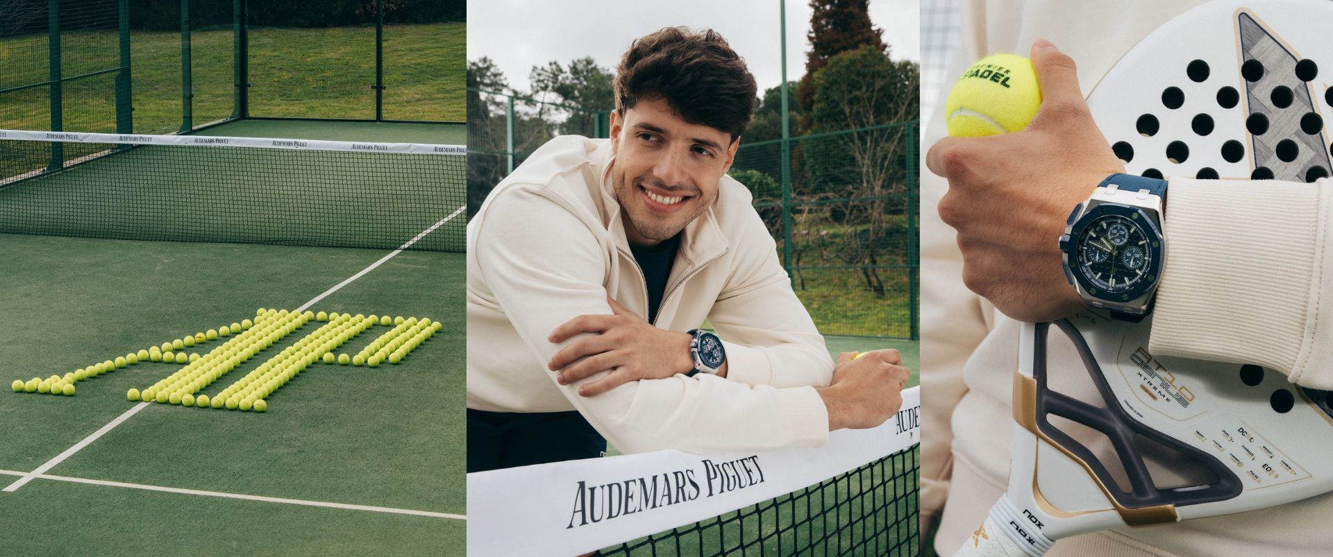 Audemars Piguet padel campaign visual featuring Agustin Tapia and AP branding on a professional padel court