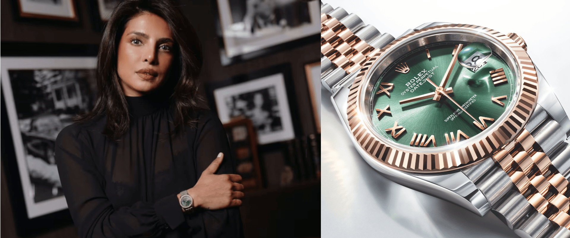 Priyanka Chopra Jonas wearing a Rolex watch after being named Rolex Testimonee, celebrating India's growing influence in global luxury, culture and entertainment.