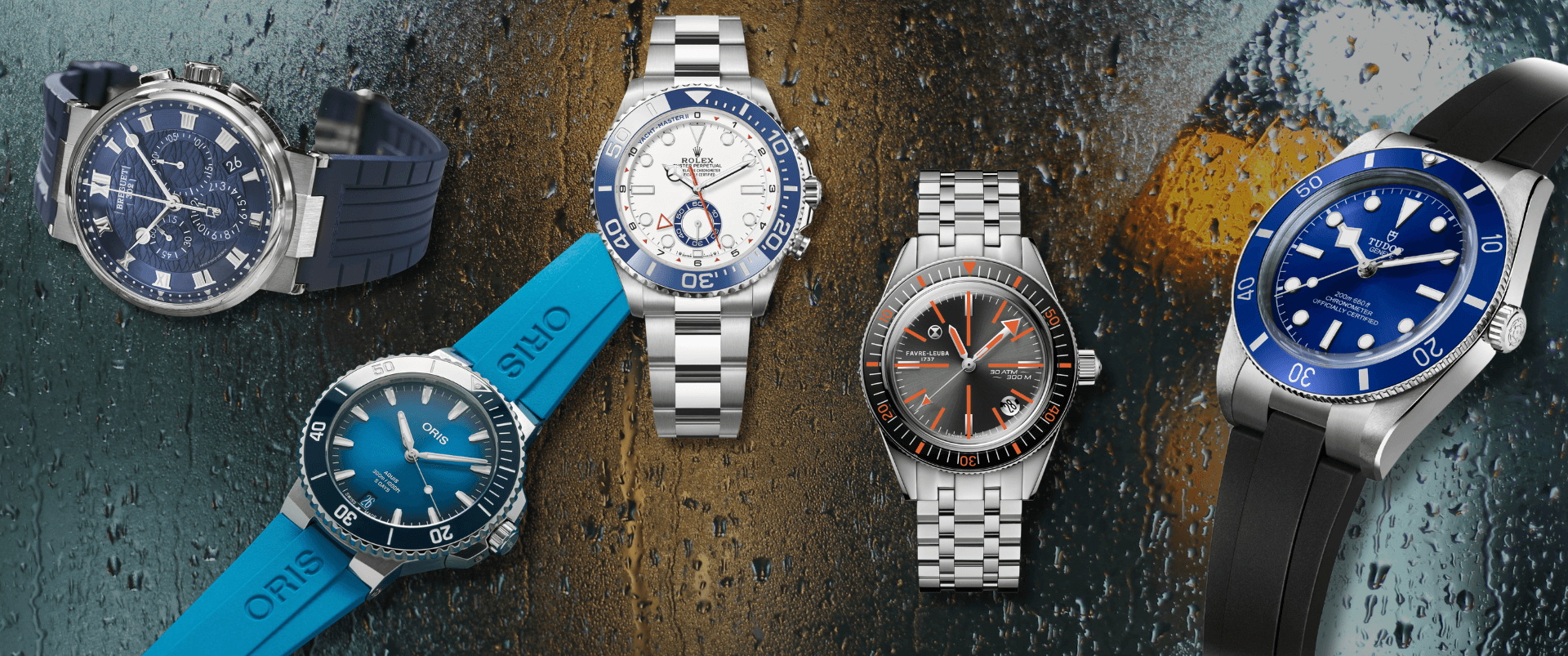 Luxury sports watches with high water resistance ratings including Rolex, Tudor, Oris, Breitling and Favre-Leuba featured in a monsoon watch care guide