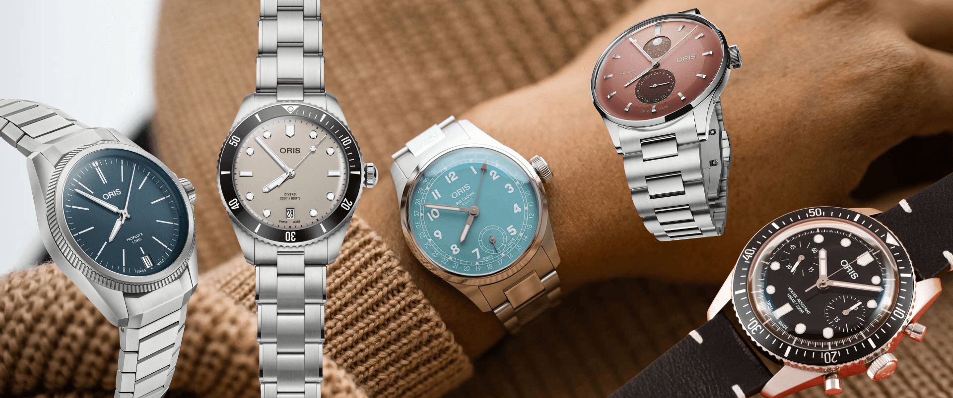 Oris luxury watch portfolio featuring Aquis, Divers, ProPilot, Atelier and Big Crown collections showcasing modern Swiss watchmaking excellence.