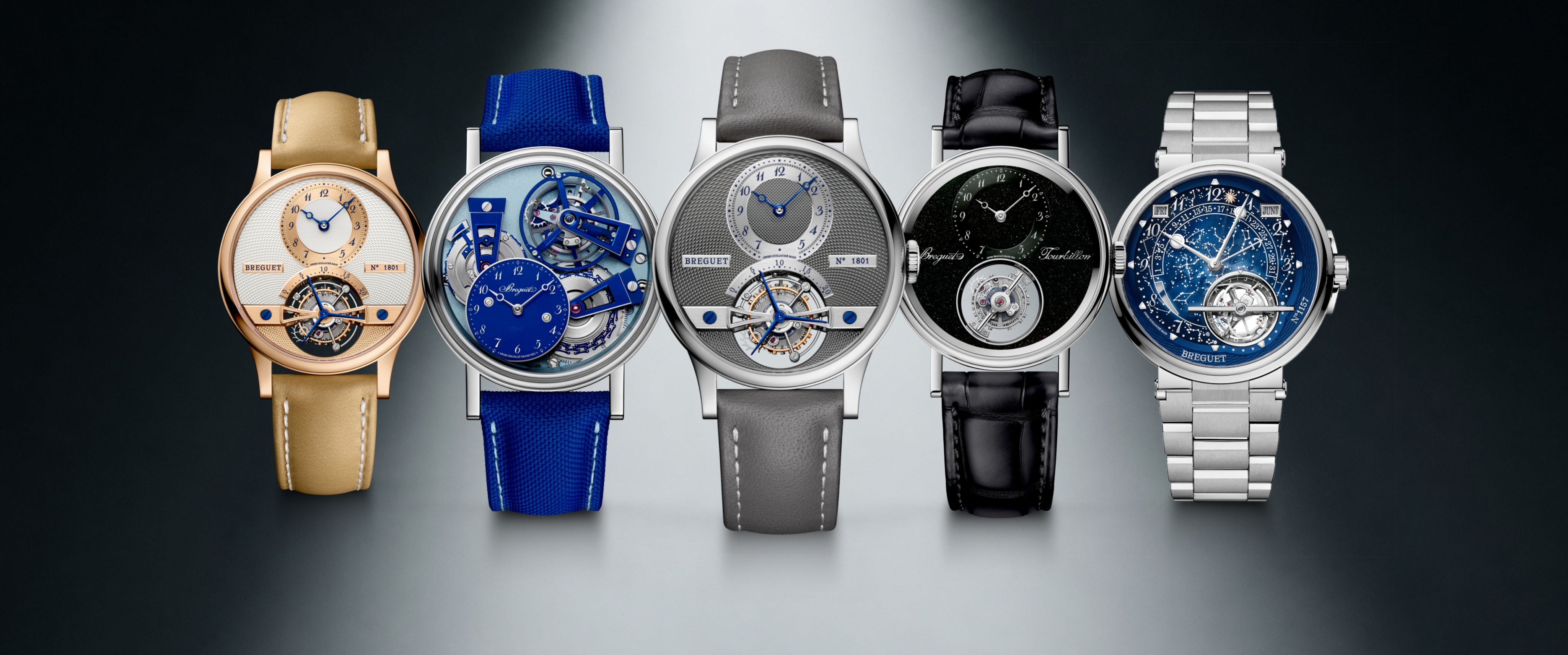 Breguet's 225th Anniversary Tourbillon collection featuring the Classique Tourbillon 7357, Tradition Tourbillon 7047, Classique Tourbillon Sidéral 7255, Marine Tourbillon 5887, and Expérimentale 1