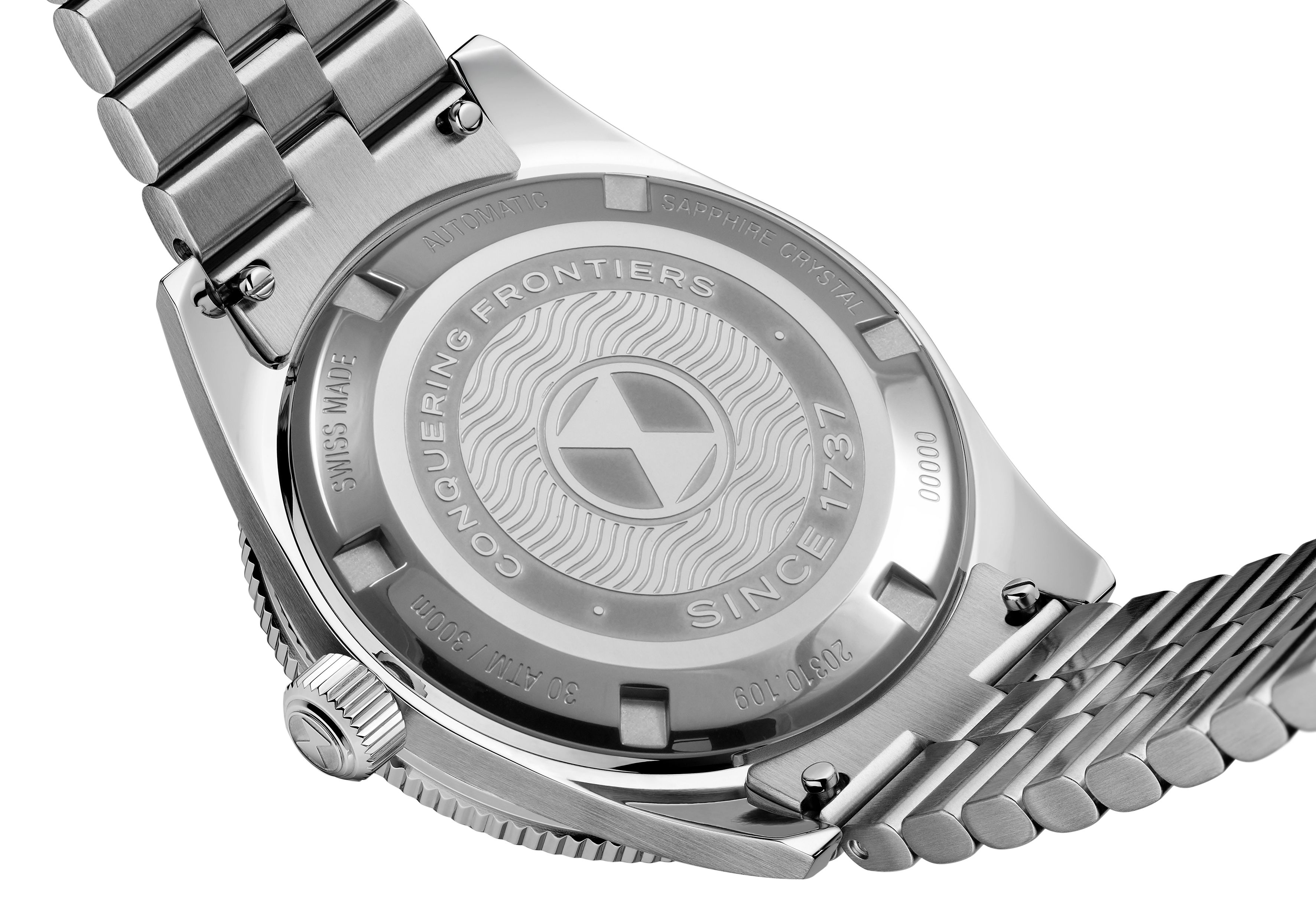 Favre Leuba Deep Raider Power Reserve engraved caseback with stainless steel bracelet and 300m dive watch construction