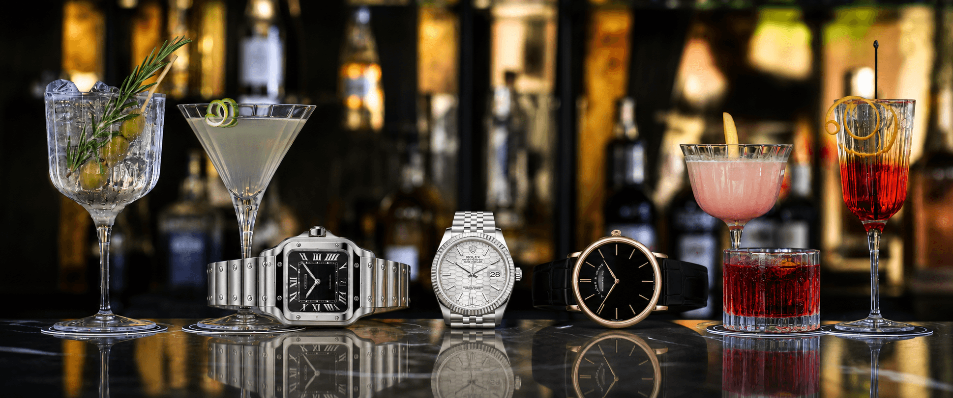 Luxury watches paired with iconic gin cocktails including Rolex, Cartier and dress watches celebrating Father's Day and World Gin Day