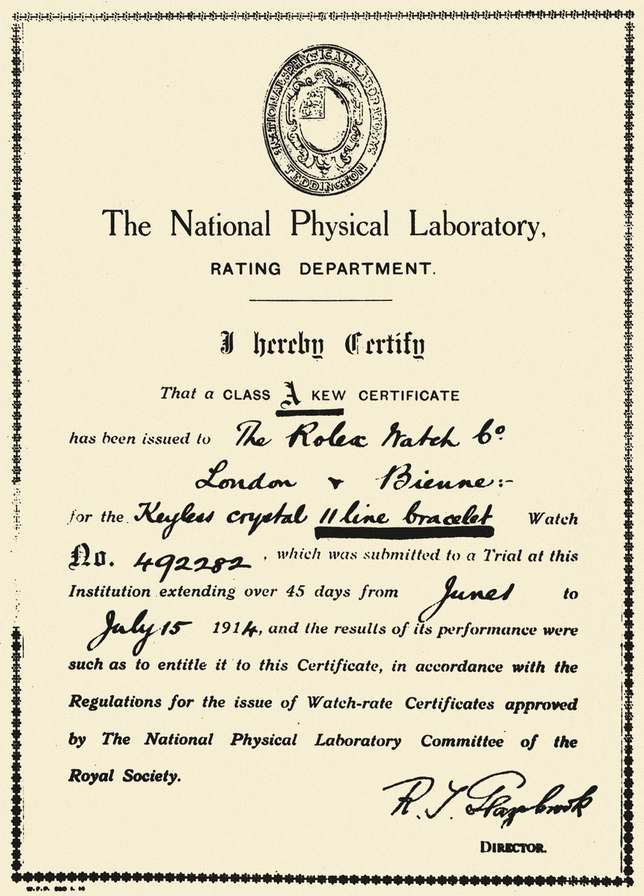 Premier certificat de classe « A » de l’Observatoire de Kew, en Angleterre, délivré le 15 juillet 1914 à une montre-bracelet Rolex.