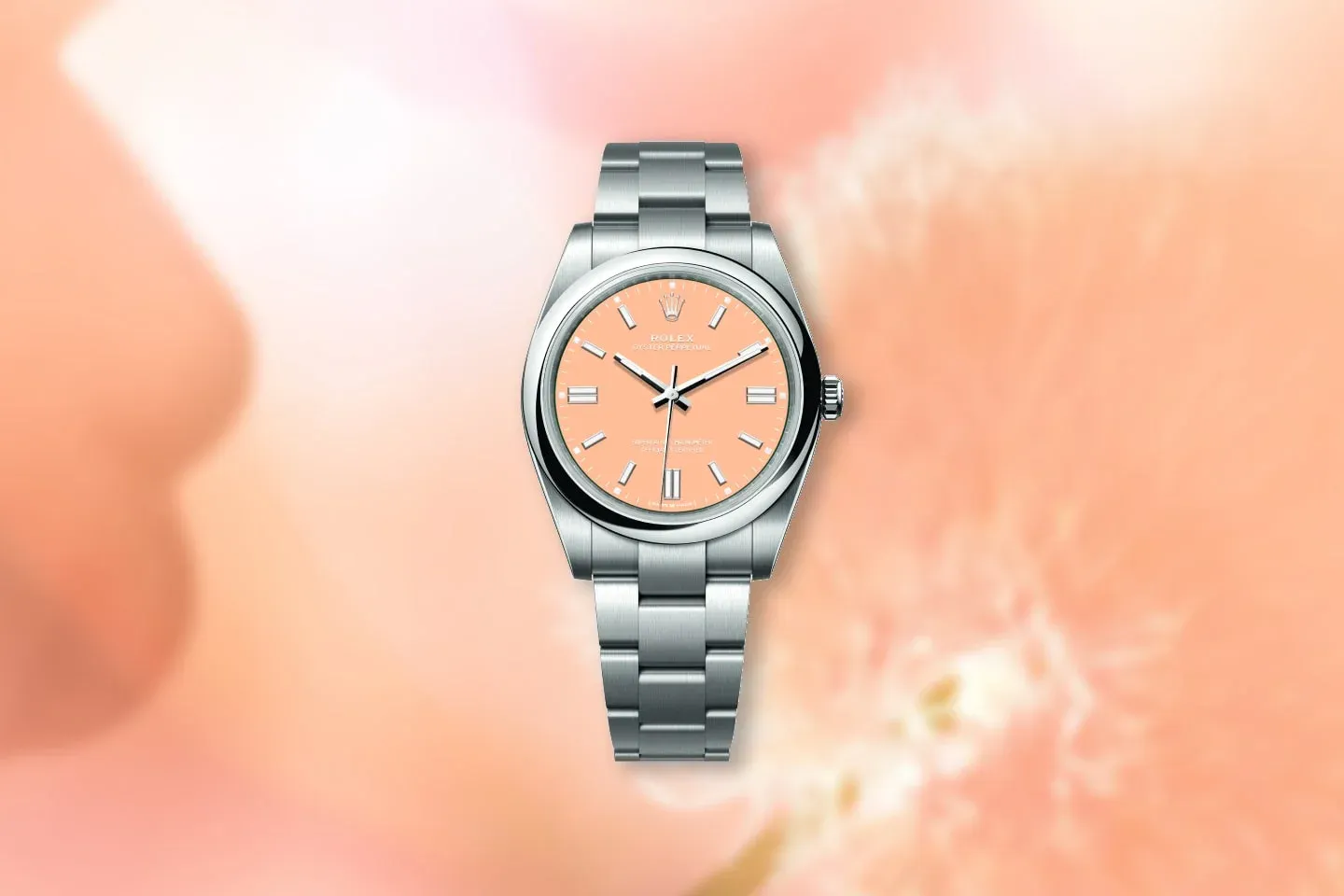 Concept image of a Rolex Oyster Perpetual with the Pantone 13-1023 Peach Fuzz colored dial