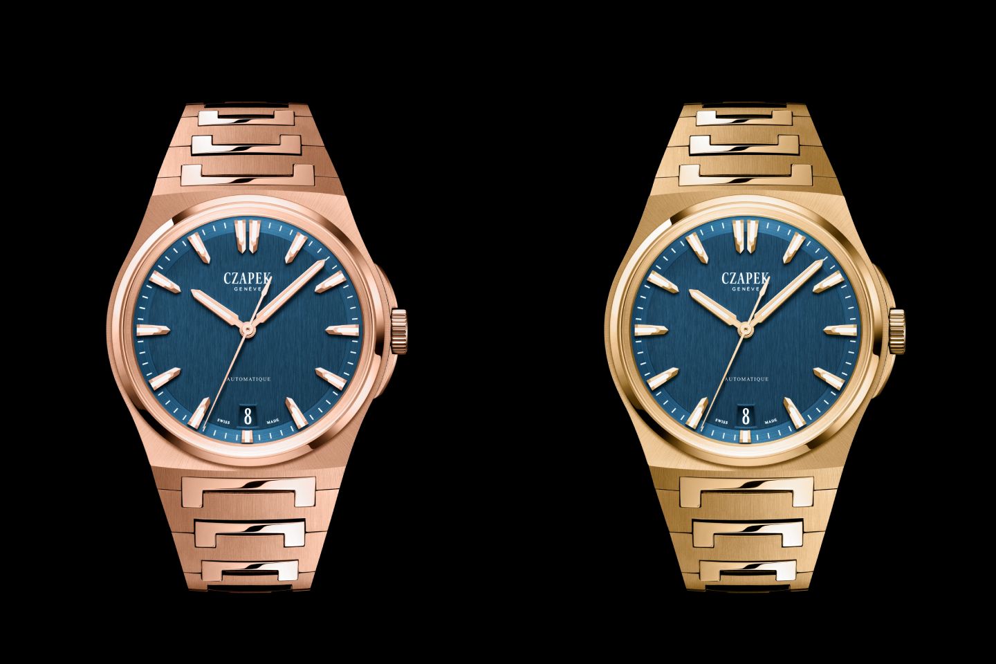 Czapek Antarctique Mount Erebus Deep Blue launched at Watches and Wonders 2024 in Rose Gold (left) and Yellow Gold (right)