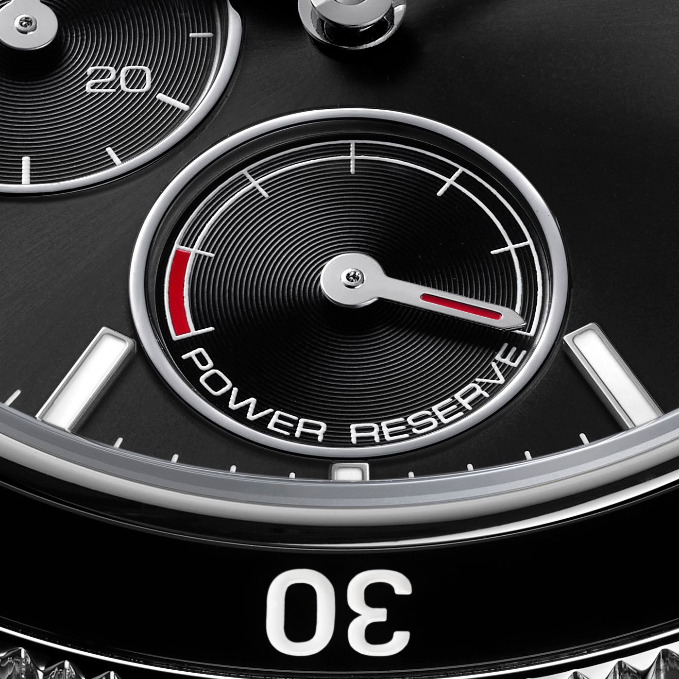 Macro shot of Favre Leuba Deep Raider Power Reserve complication with textured black dial and ceramic bezel