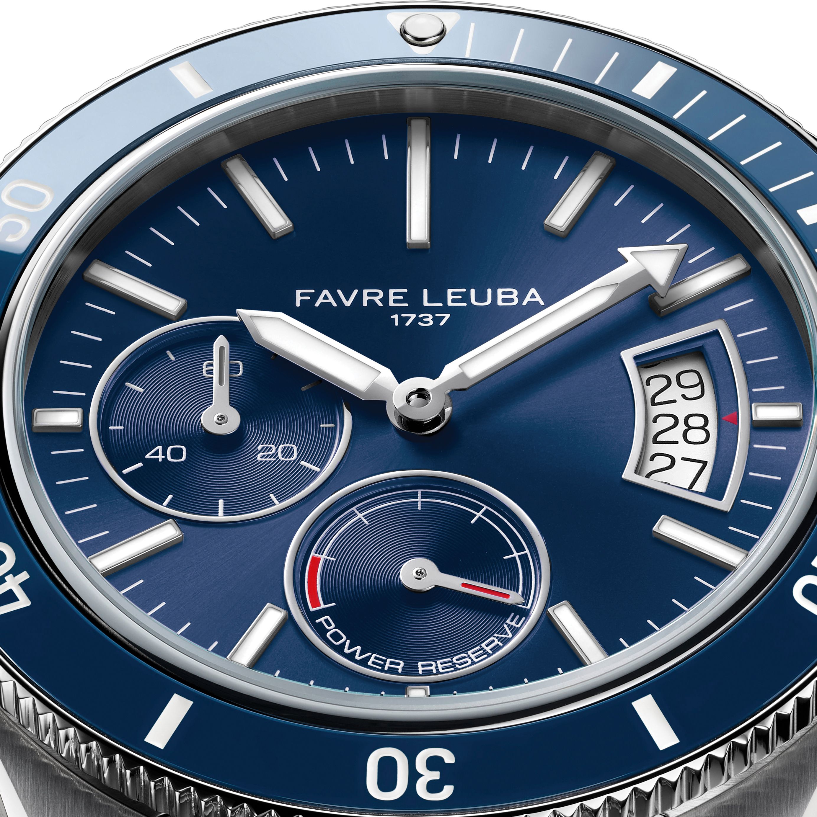 Close-up of Favre Leuba Deep Raider Power Reserve blue dial with power reserve indicator and triple date display
