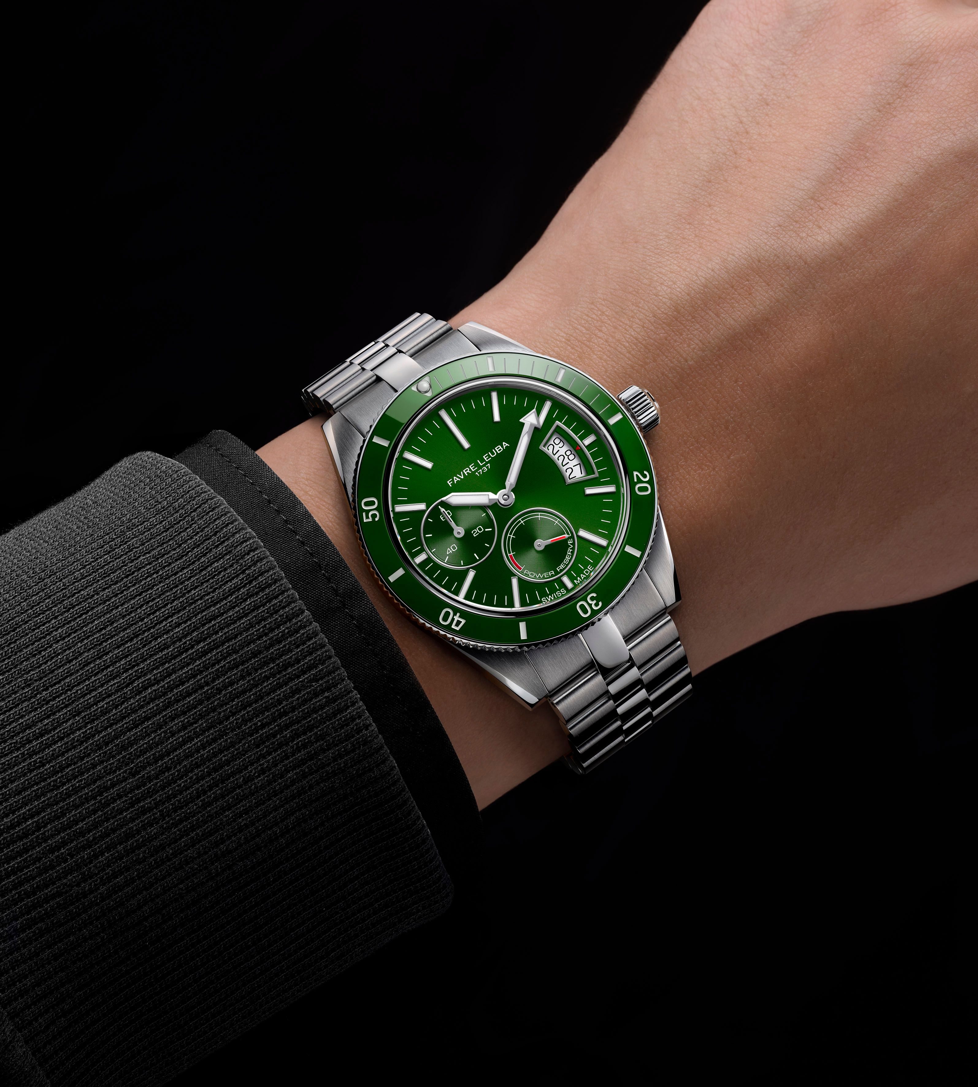 Favre Leuba Deep Raider Power Reserve green dial luxury Swiss dive watch on stainless steel bracelet