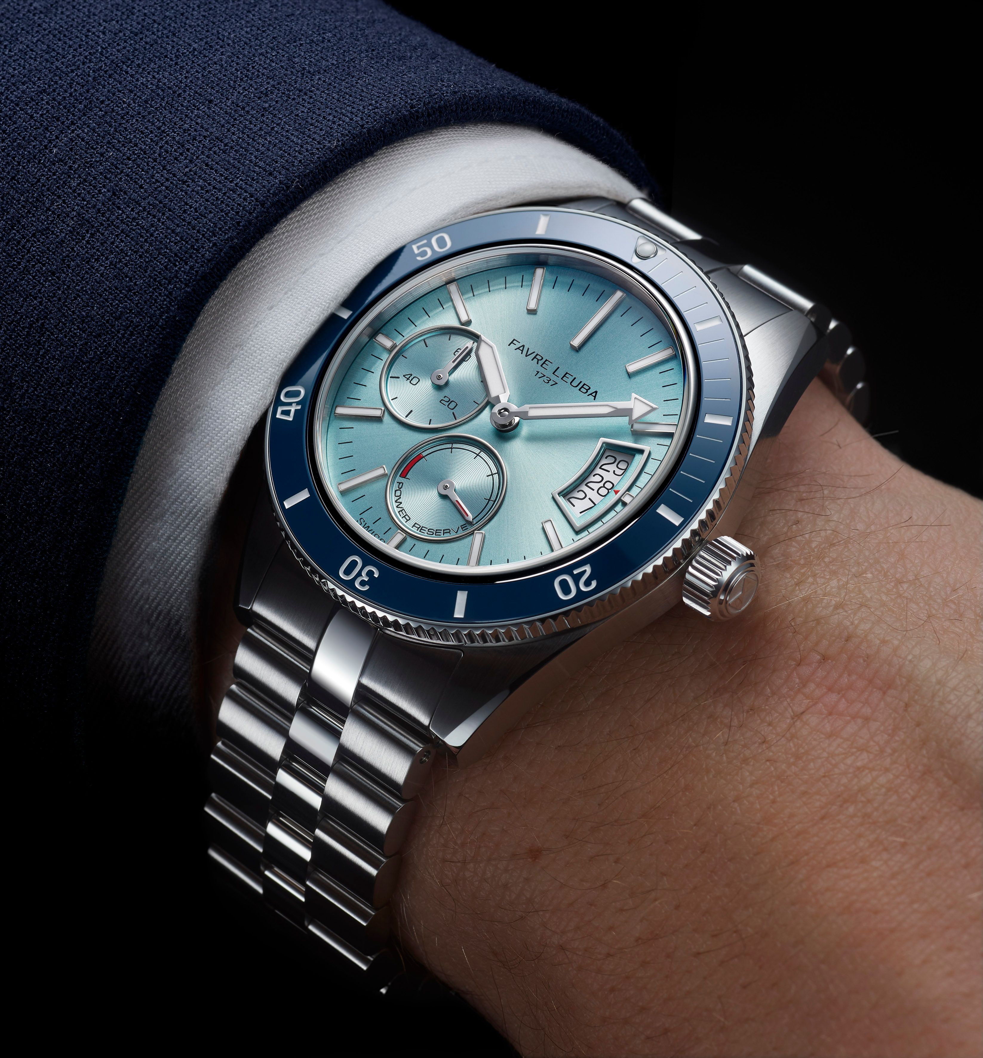 Favre Leuba Deep Raider Power Reserve ice blue dial luxury dive watch with ceramic bezel and steel bracelet