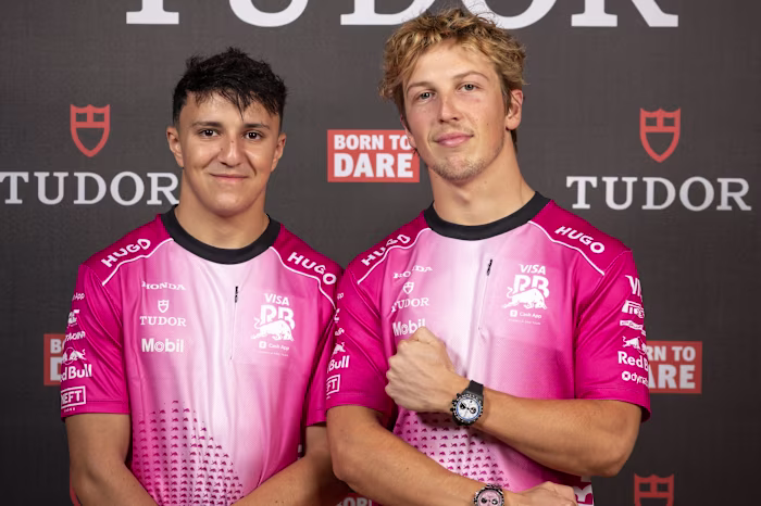 F1 racing drivers Isack Hadjar and Liam Lawson in Miami.avif