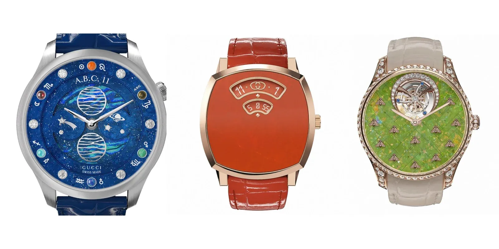 Gucci never forgets to creatively challenge the norm and craft watches that abide the codes of the house in every way (L-R): G-Timeless Moonlight, Gucci Grip and G-Timeless Dancing Bees