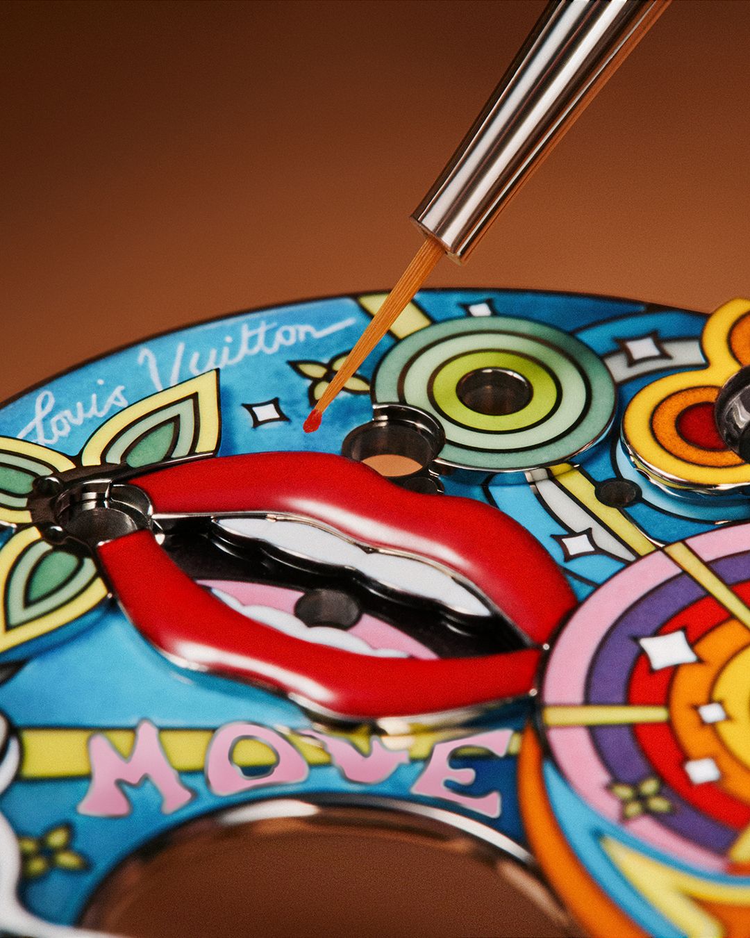 Louis Vuitton Tambour Taiko dial close-up showing hand-painted enamel lips and intricate artistic detailing