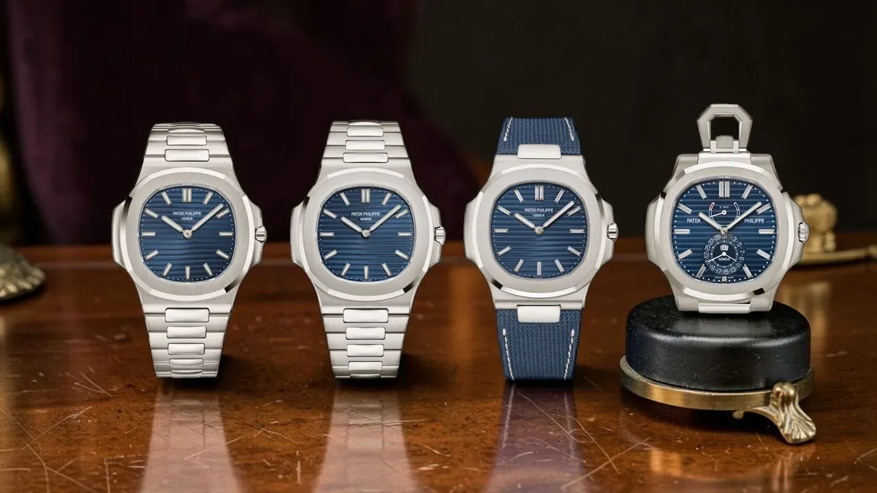 L-R, the Nautilus releases to celebrate the half century - the ref. 5610 1P-001, the 5810 1G-001, the 5810G-001, and the ref. 958G-001 desk clock..webp
