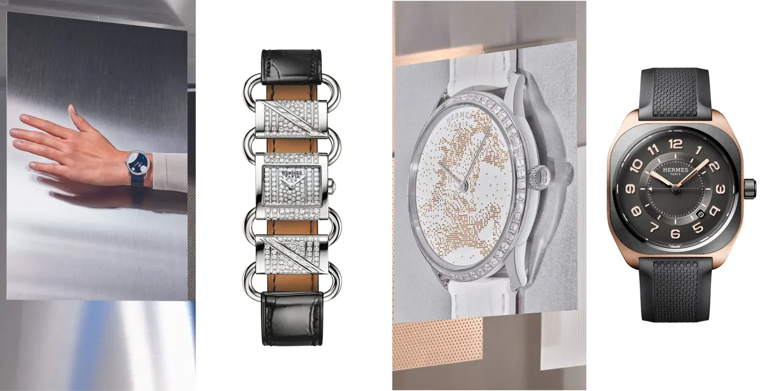 Marquee creations from the Hermès Watches and Wonders launches of 2023(L-R): Arceau Petit Lune, Klikti Casaque, Slim d'Hermès Cheval de Légende and H08