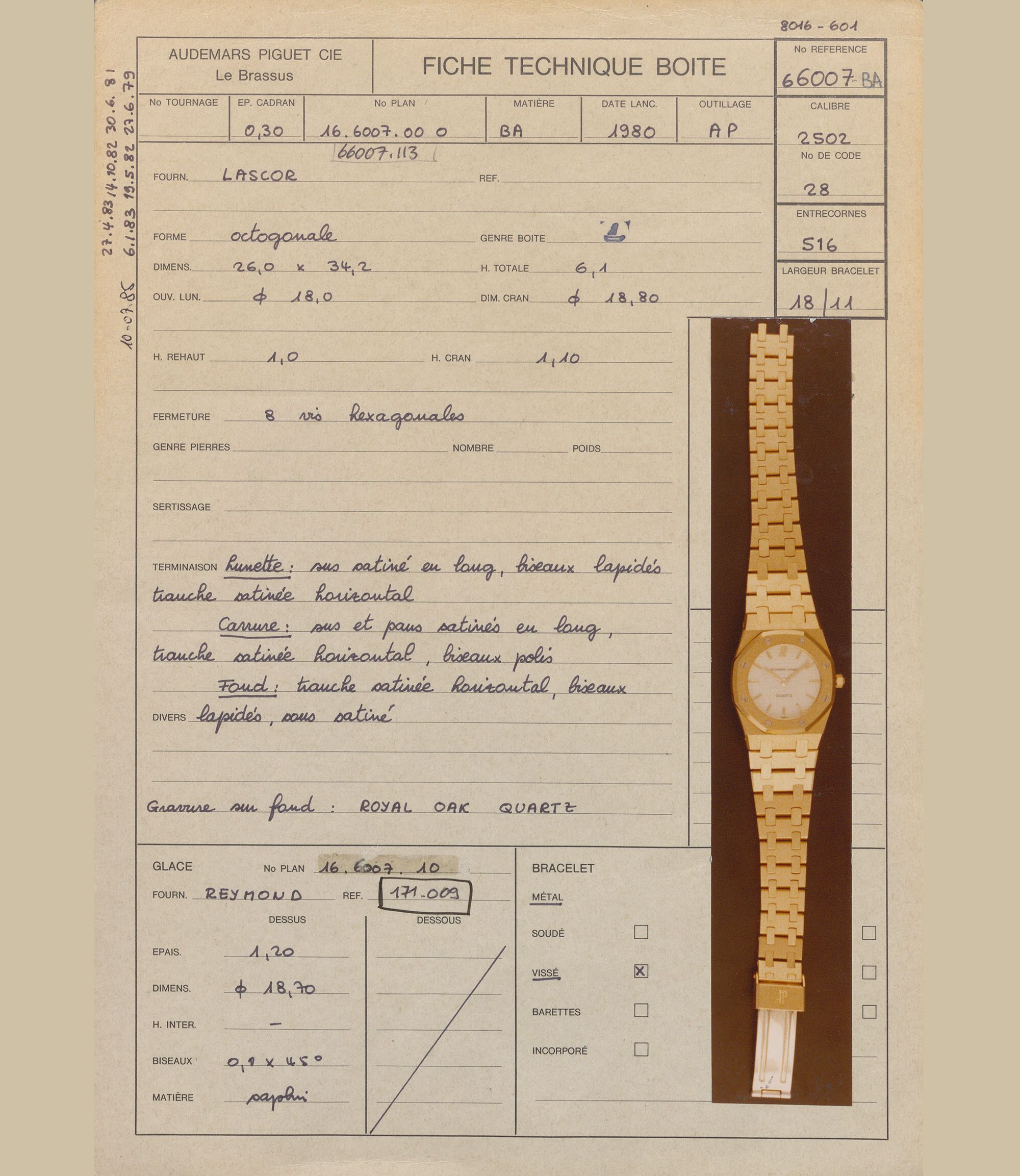 1986 Technical data. First Royal Oak 26 mm, Model 6007. Quartz Calibre 2502. Audemars Piguet Archives