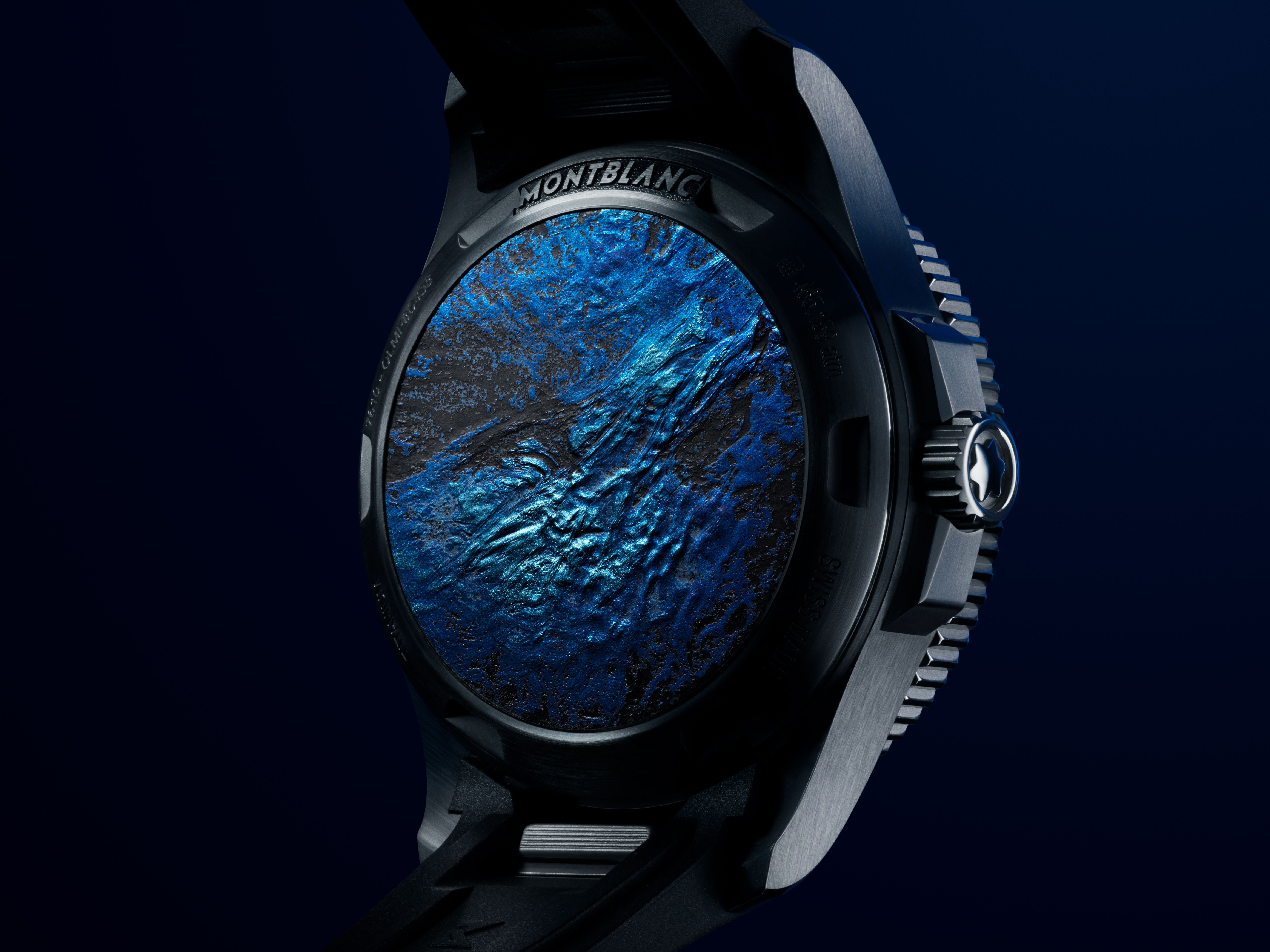 The engraved caseback on the Montblanc Iced Sea 0 Oxygen Deep 4810