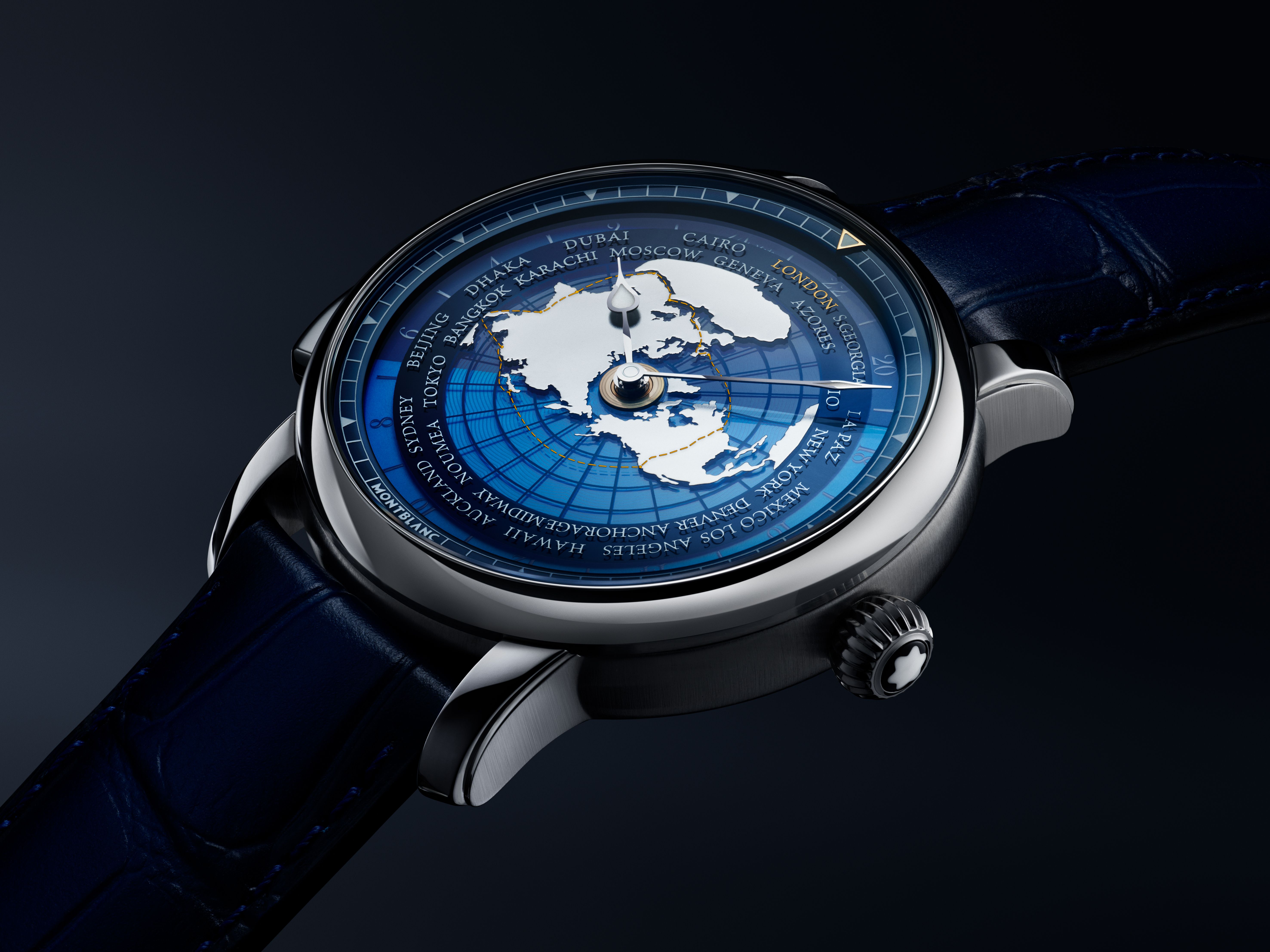 The watch features an elaborate world timer complication