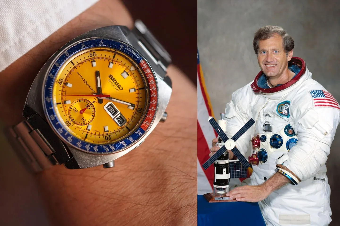 William R. Pogue, an American astronaut, sported a Speedtimer with an orange dial during his time in space making it the world’s first automatic chronograph watch in space