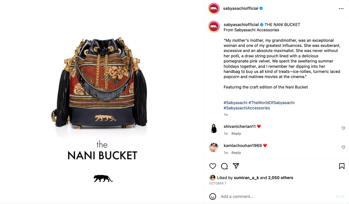 Sabyasachi’s bags of the season take us back in time with the style and embroidery treatment of what would be found in our grandmother’s closet, aptly naming it ‘Nani Bucket’ 