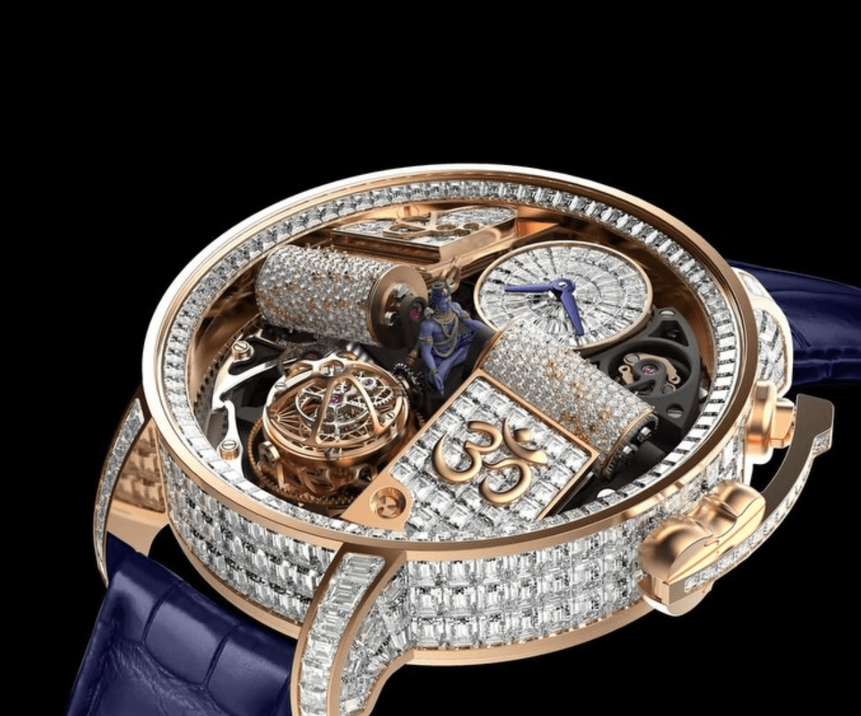Jacob & Co Opera Godfather Baguette Shiva watch featuring a rotating Shiva figurine, triple-axis tourbillon, diamond-set case, and musical complication