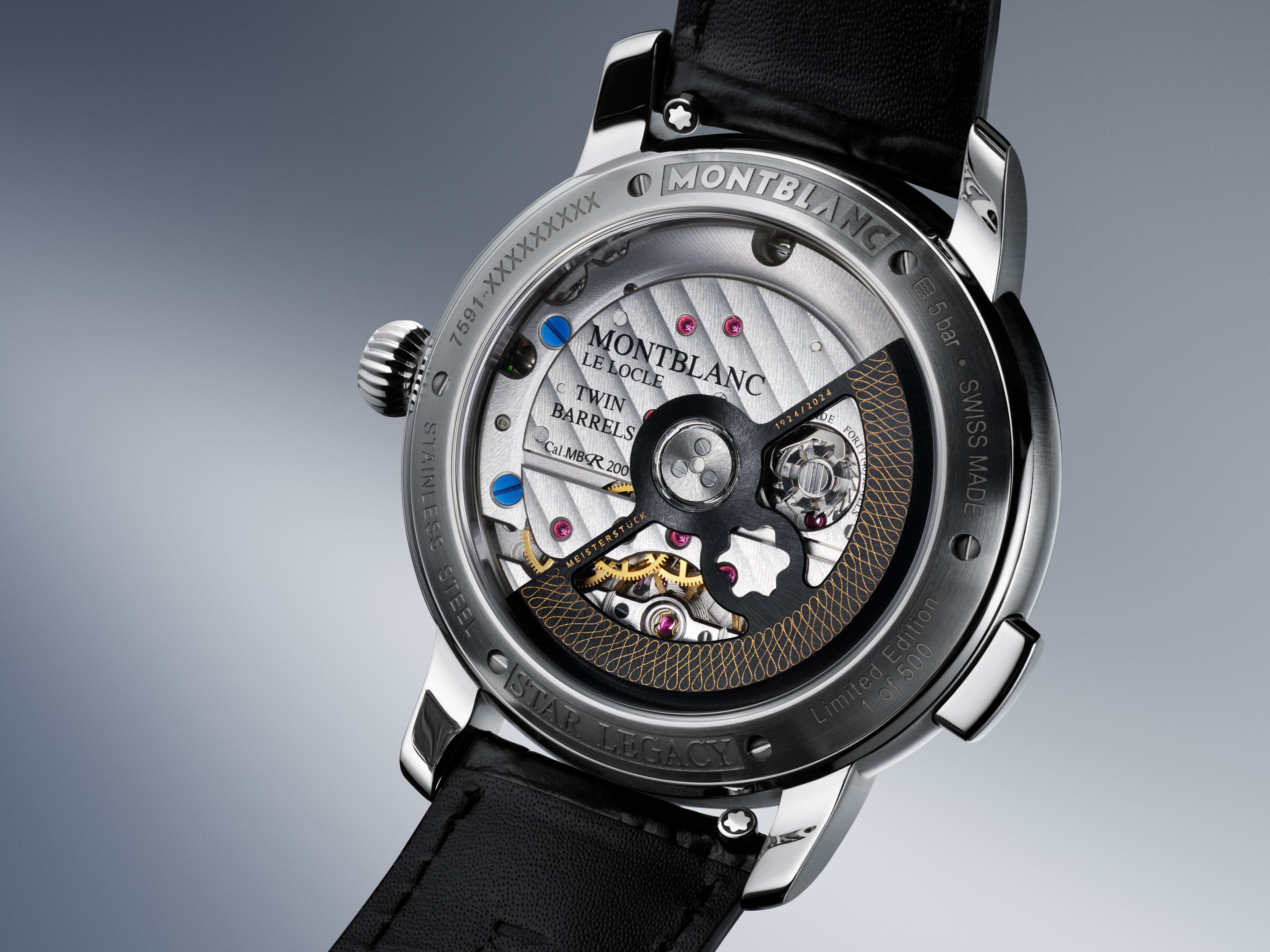 The watch is powered by an in-house monopusher chronograph movement MB R200