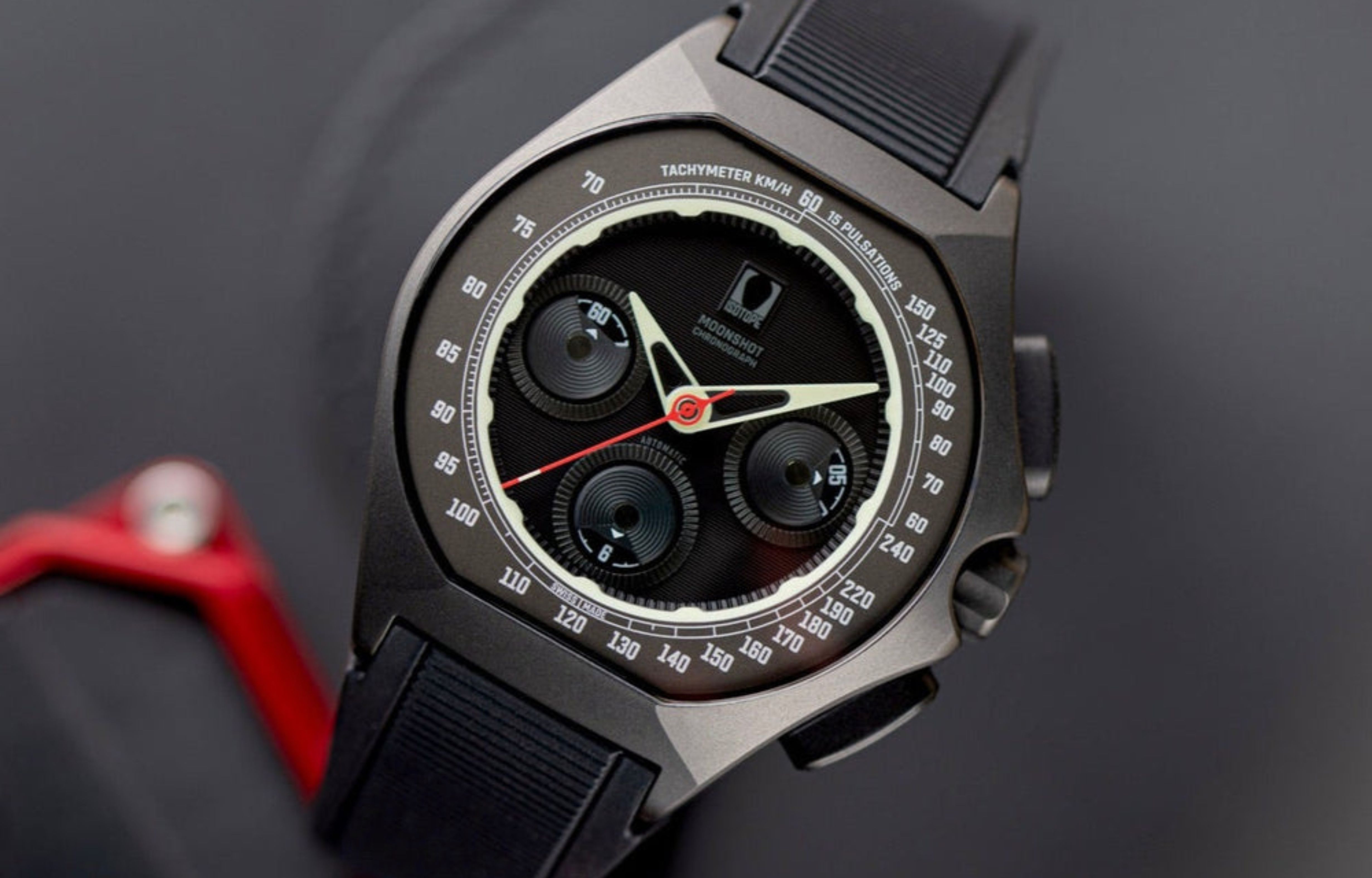 Isotope Chronograph Moonshot Stealth showcasing the British microbrand's distinctive chronograph design