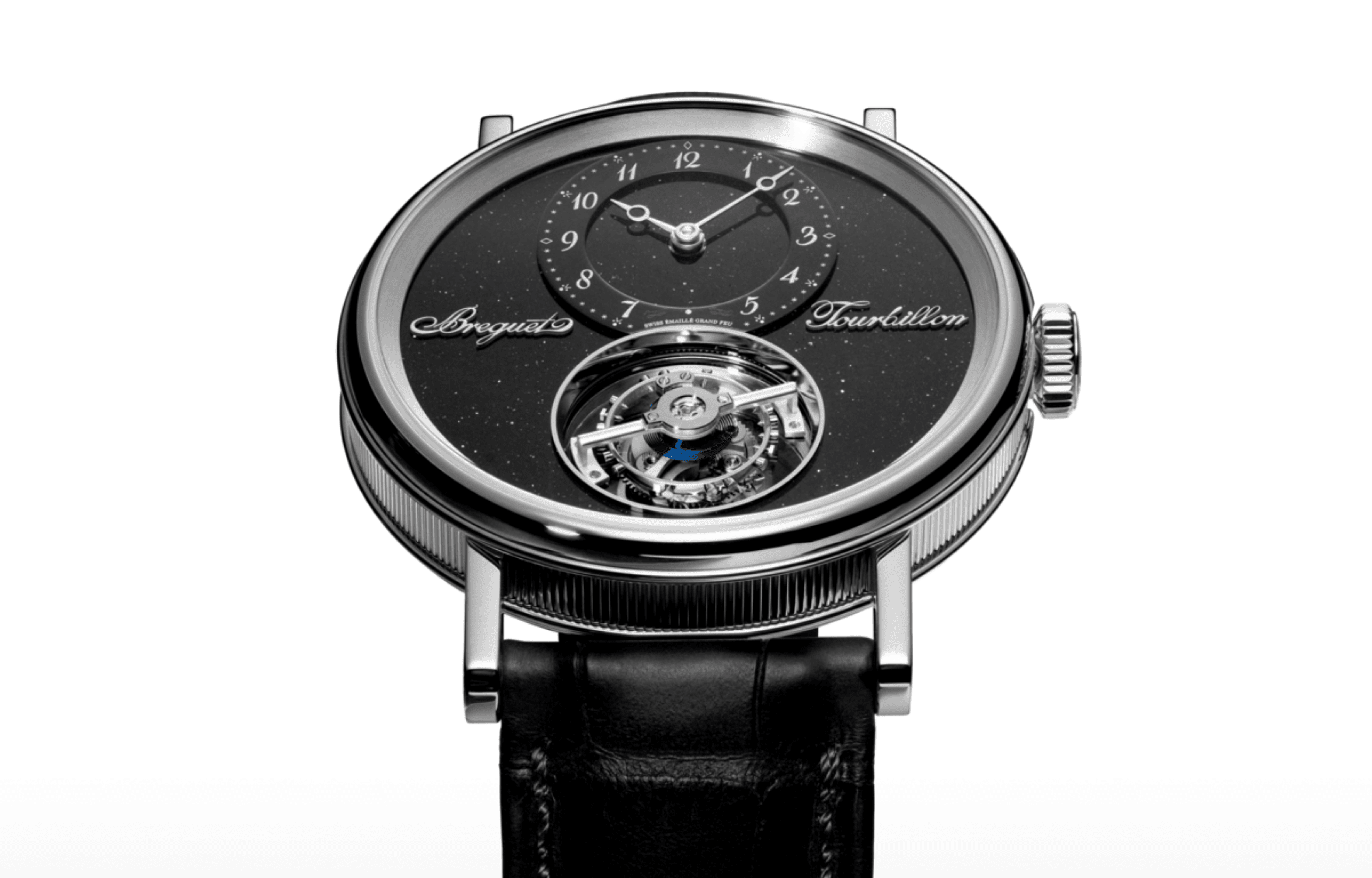 Close-up of the Breguet Classique Tourbillon Sidéral 7255 showcasing the floating flying tourbillon, mysterious display, and aventurine Grand Feu enamel dial