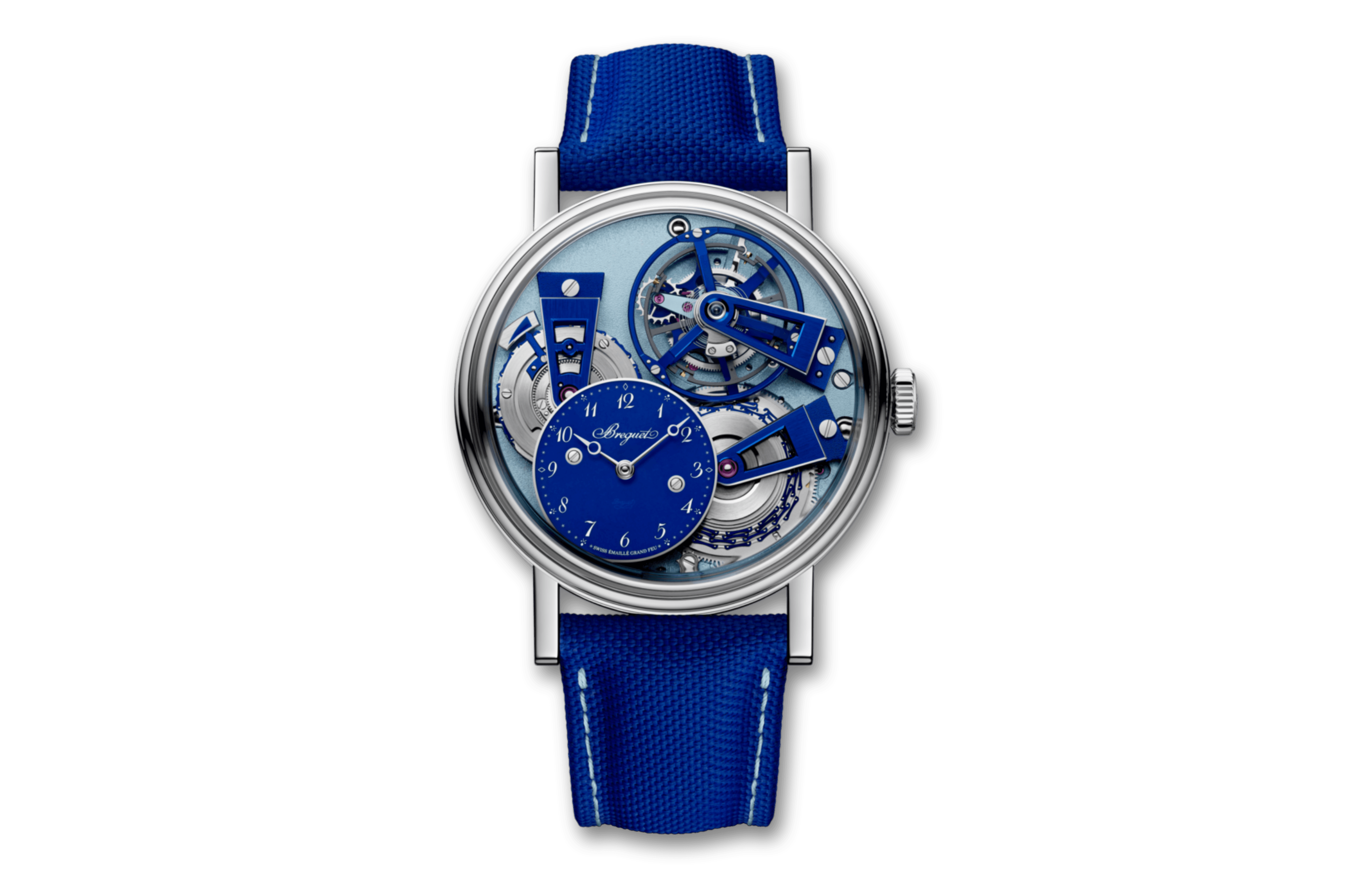 Breguet Tradition Tourbillon 7047 featuring a fusee-and-chain transmission, exposed movement, and Bleu de France anniversary design